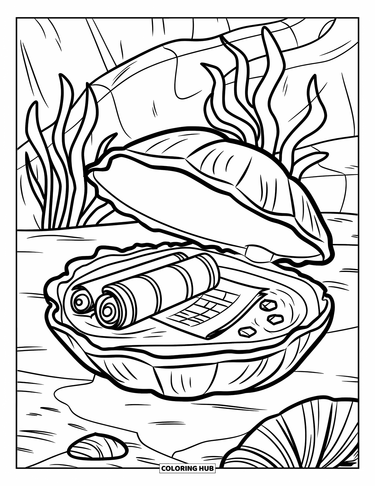 Kolorowanka Podwodny Świat dla dzieci: Olbrzymi małż skrywa zwoje i klejnoty na skalistym dnie morskim z wodorostami