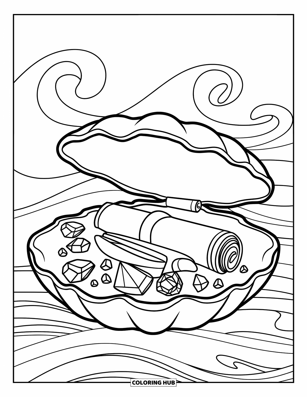 Kolorowanka Podwodny Świat dla dzieci: Ogromna muszla otwiera się, ukazując starożytne zwoje i błyszczące klejnoty w środku