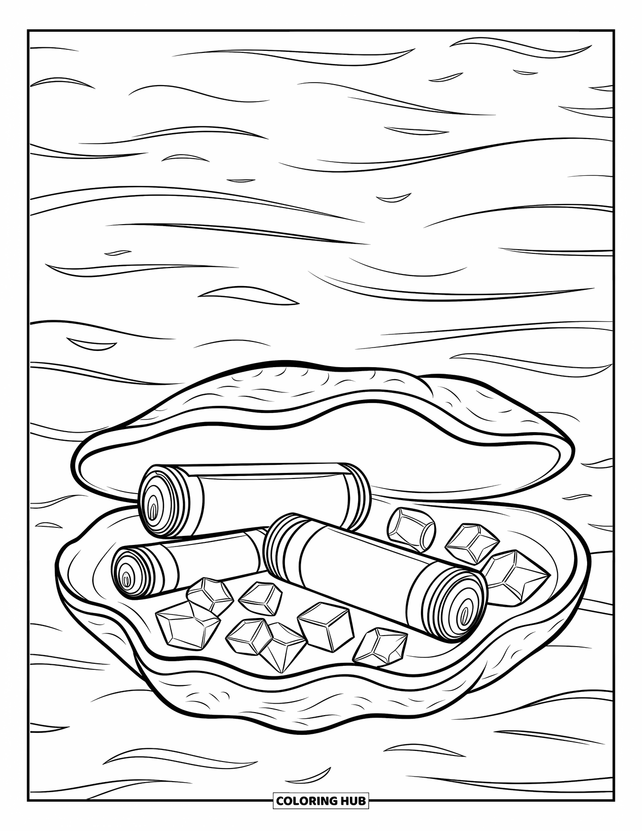 Kolorowanka Podwodny Świat dla dzieci: Ogromna muszla ujawnia zwoje i klejnoty w spokojnej scenerii oceanu