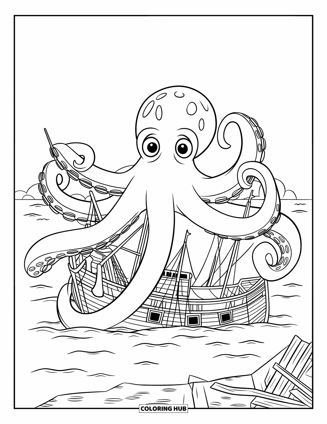 Kolorowanka Podwodny Świat dla dzieci: Olbrzymia ośmiornica oplątuje tonącą łódź w oceanie