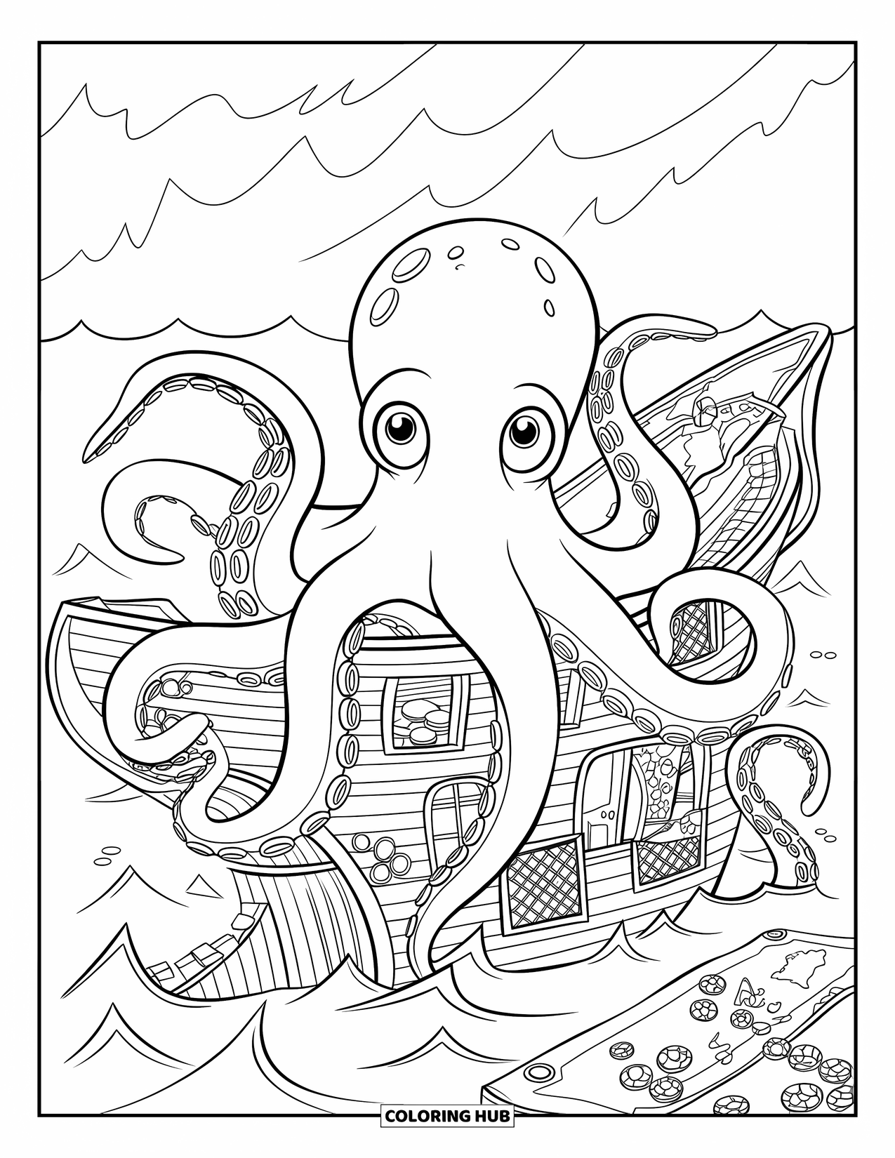 Kolorowanka Podwodny Świat dla dzieci: Ogromna ośmiornica trzyma wrak statku, otoczona skarbami i falami