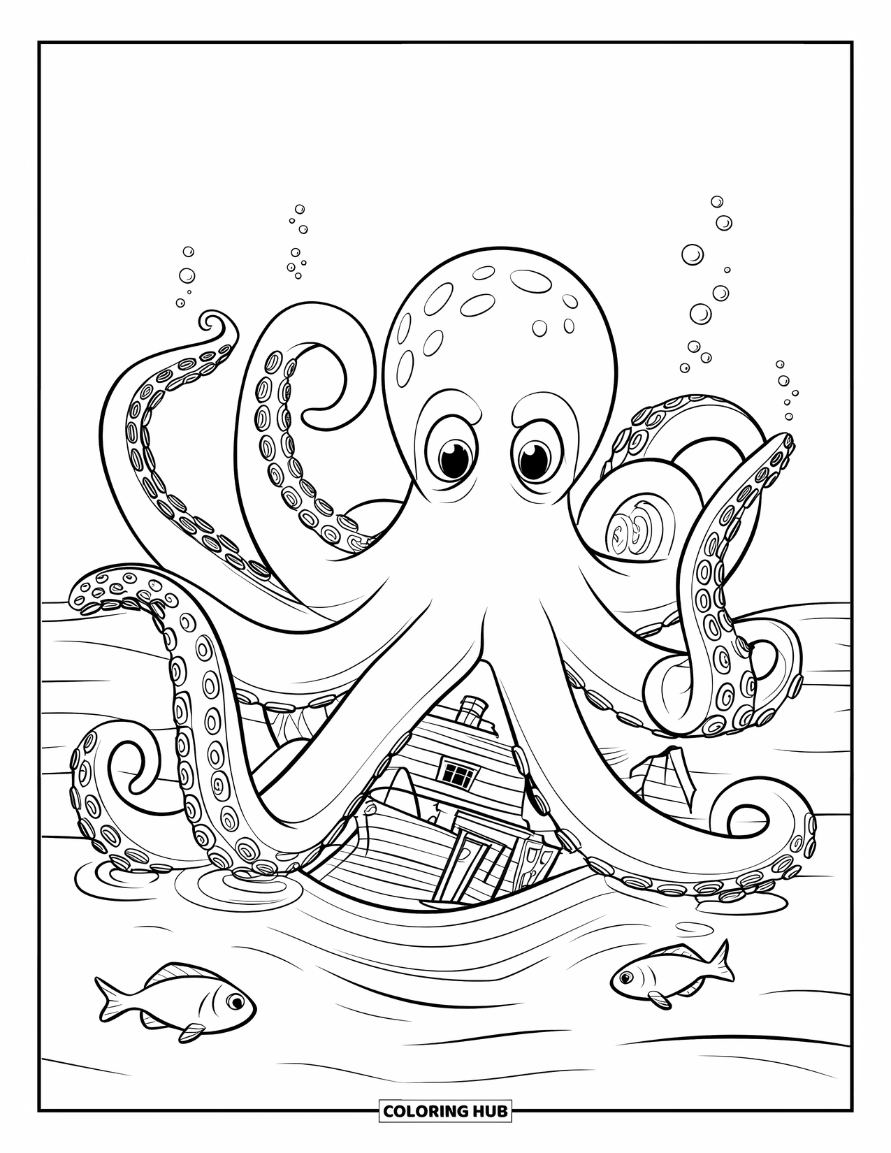 Kolorowanka Podwodny Świat dla dzieci: Ogromna ośmiornica owija mackami zatopiony statek