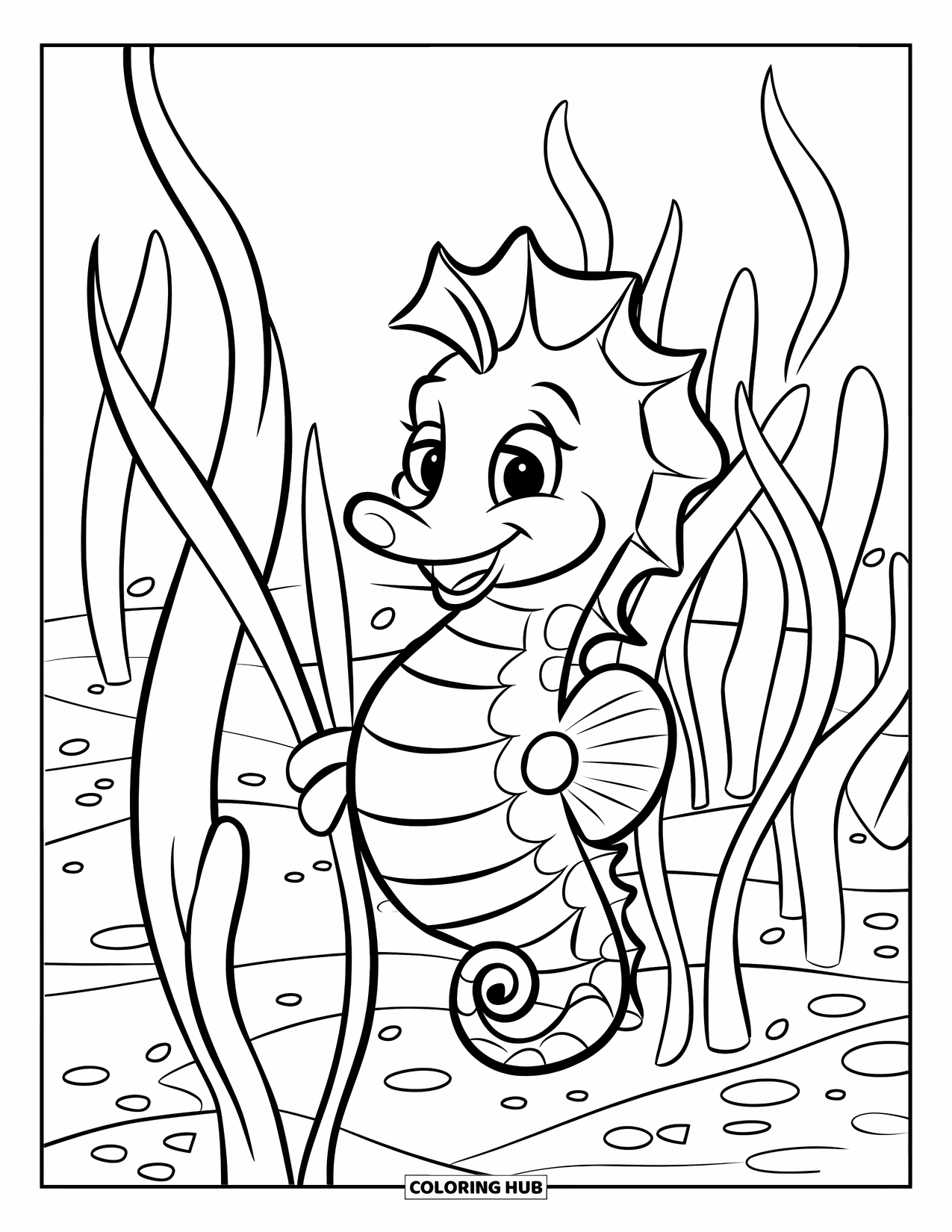 Kolorowanka Podwodny Świat dla dzieci: Radosny konik morski unosi się wśród kołyszących się podwodnych traw