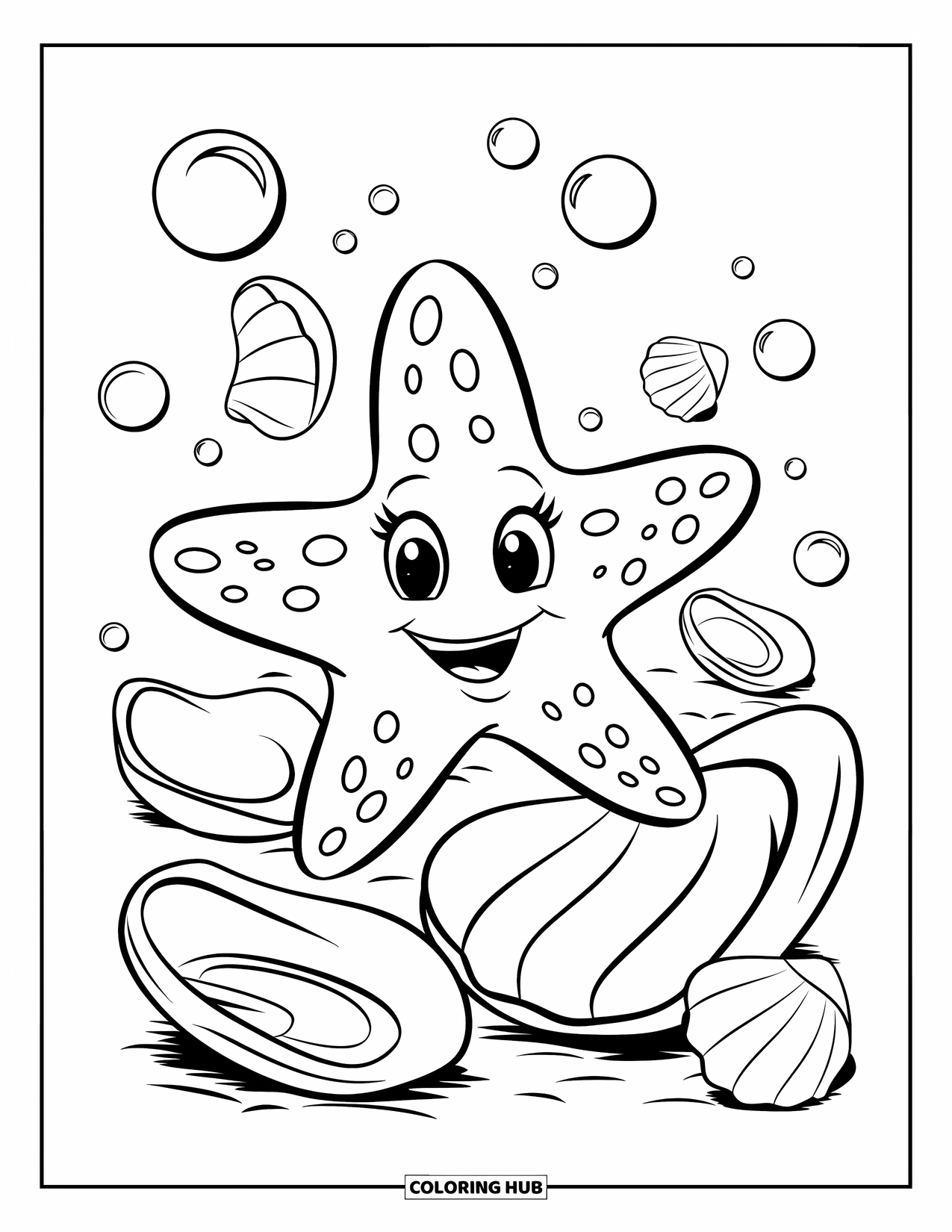 Kolorowanka Podwodny Świat dla dzieci: Radosna rozgwiazda uśmiecha się wśród bąbelków i muszelek w pobliżu