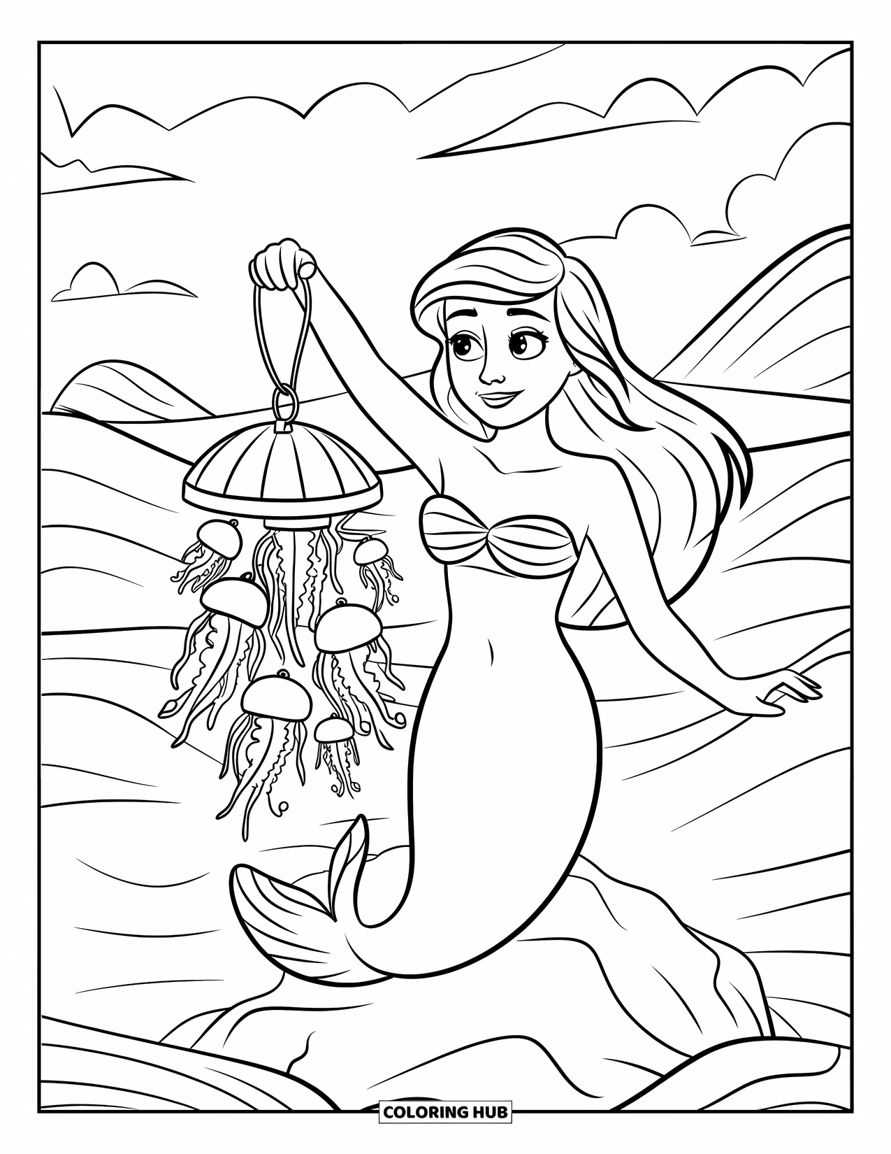 Kolorowanka Podwodny Świat dla dzieci: Syrena niesie świecący lampion z meduzy na skale w oceanie