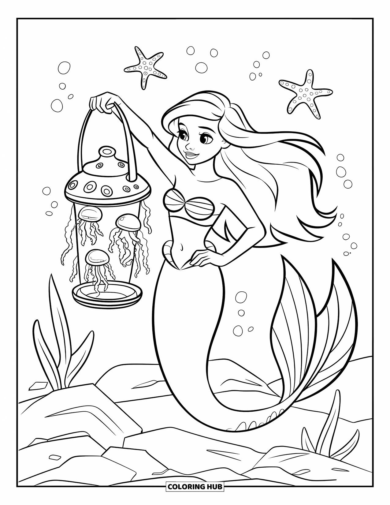 Kolorowanka Podwodny Świat dla dzieci: Syrena trzyma świecący lampion z meduzy nad głową przy dnie morskim