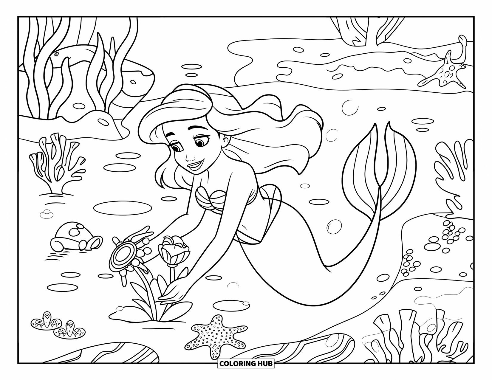 Kolorowanka Podwodny Świat dla dzieci: Syrena sadzi kwiaty morskie w podwodnym ogrodzie ze stworzeniami morskimi