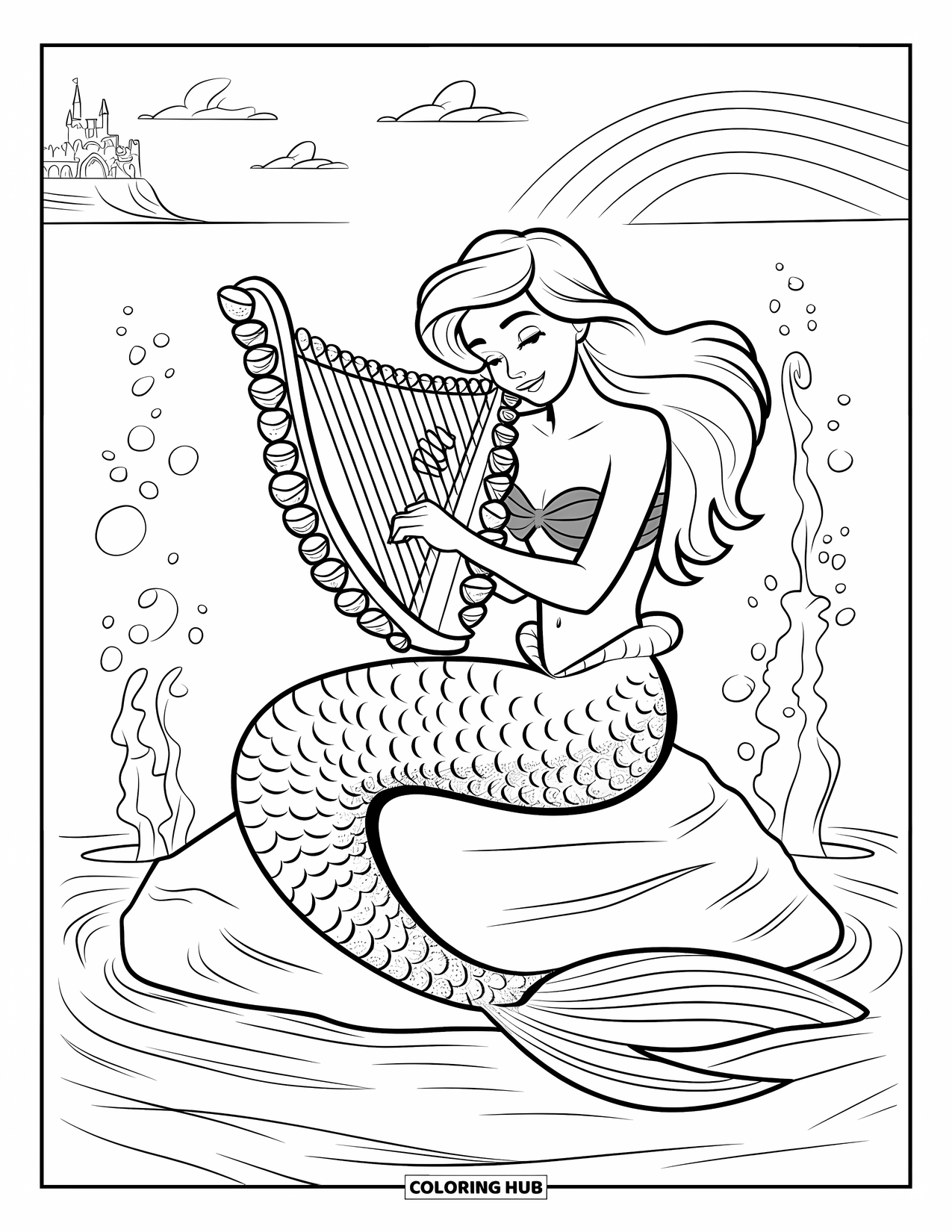 Kolorowanka Podwodny Świat dla dzieci: Syrena gra na harfie z muszli z odległym zamkiem w tle