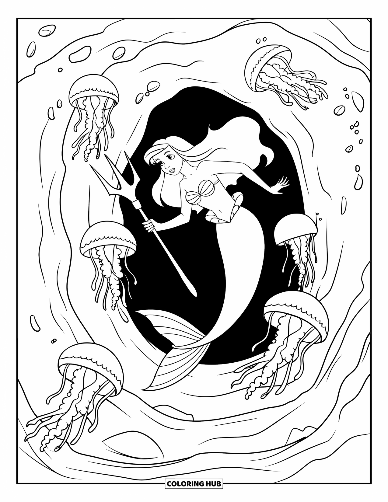 Kolorowanka Podwodny Świat dla dzieci: Syrena z trójzębem pływa wśród meduz w głębokim rowie