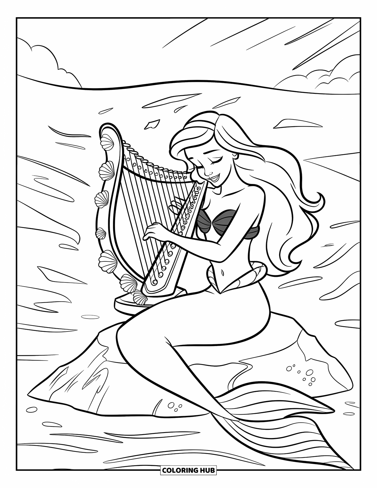 Kolorowanka Podwodny Świat dla dzieci: Syrena z zielonymi włosami gra na harfie z muszli pod słonecznym niebem