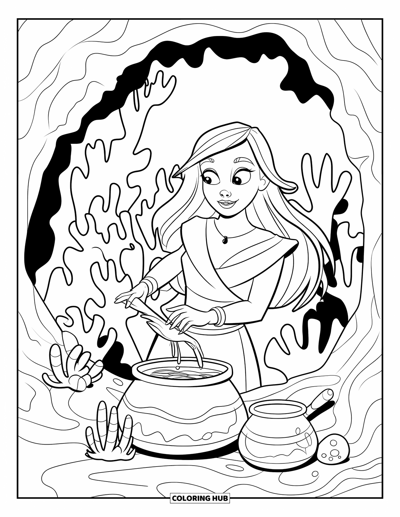 Kolorowanka Podwodny Świat dla dzieci: Wiedźma morska z zielonymi włosami warzy eliksiry w koralowej jaskini