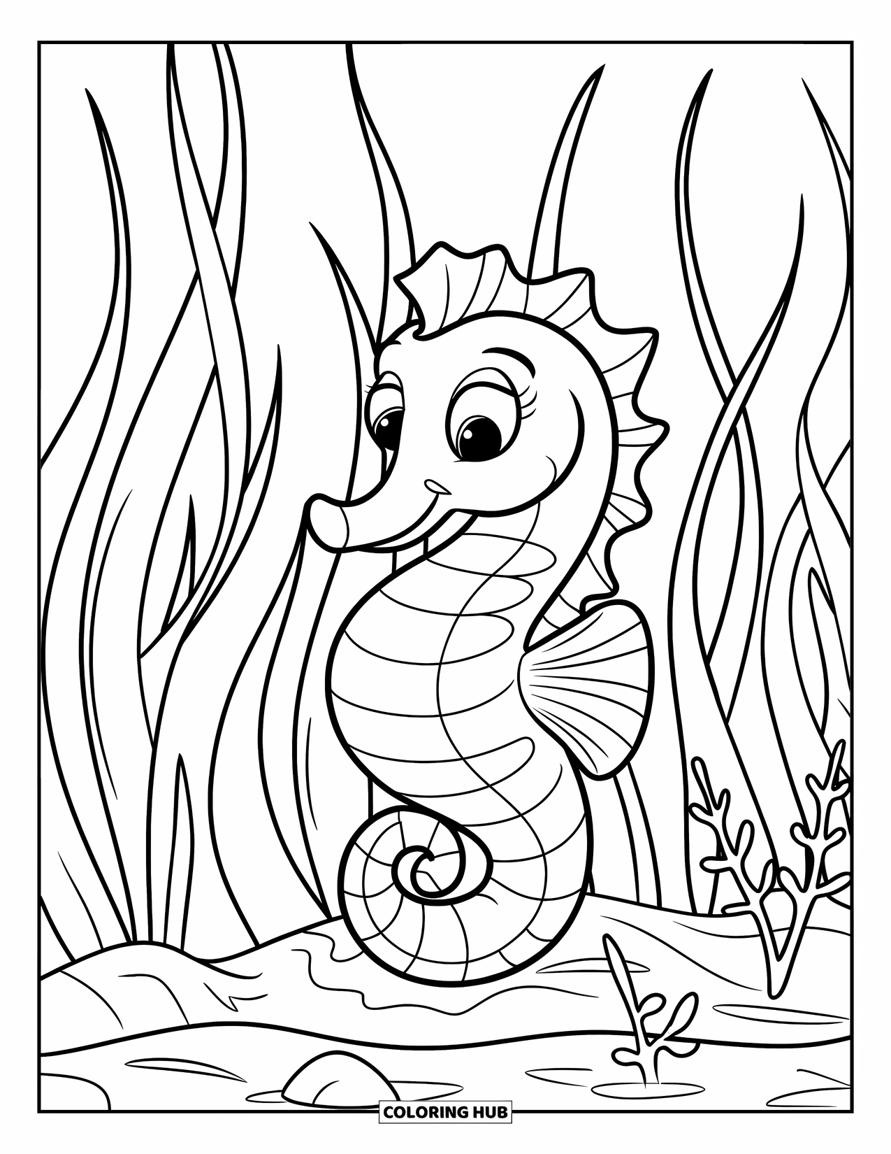 Kolorowanka Podwodny Świat dla dzieci: Konik morski trzyma się trawy morskiej w spokojnej podwodnej scenerii