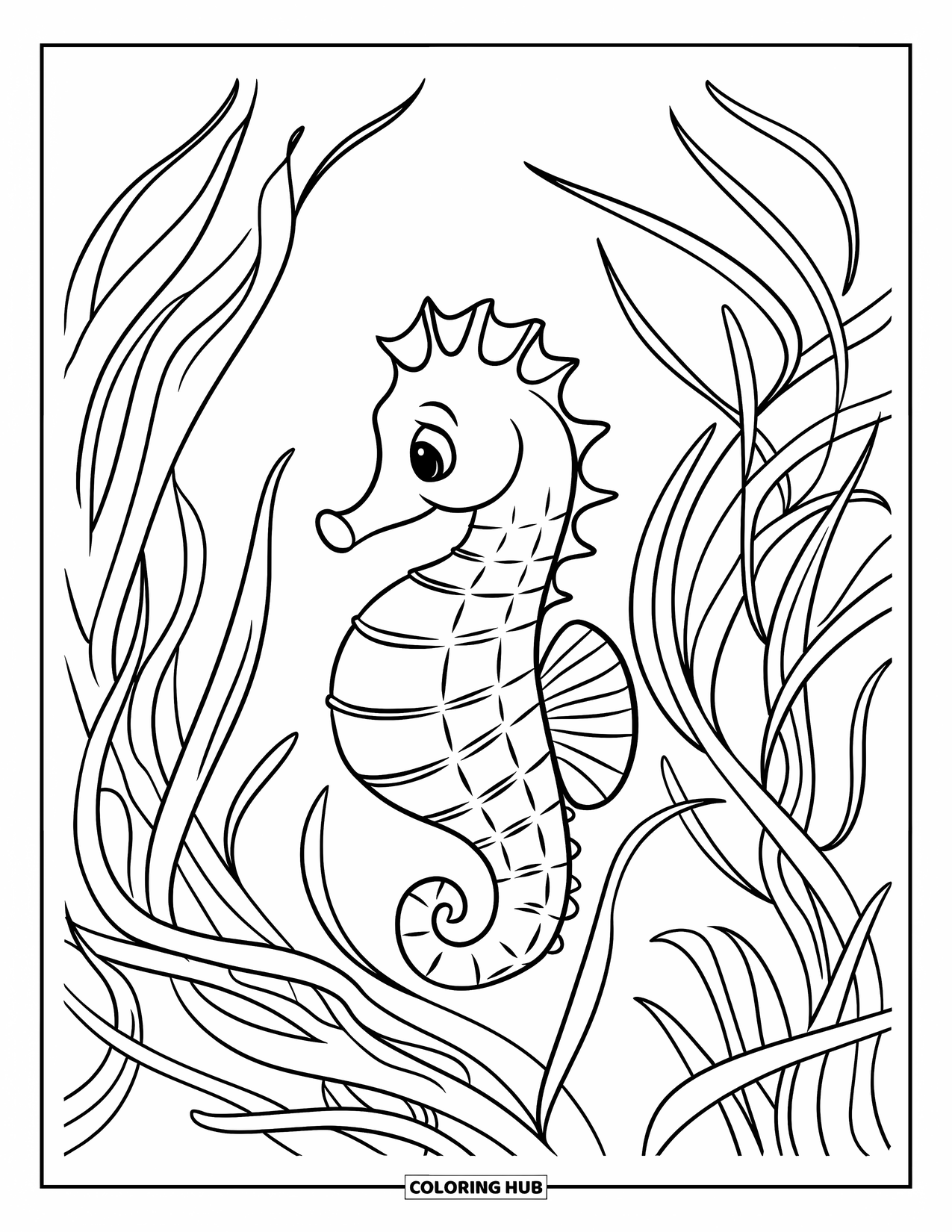Kolorowanka Podwodny Świat dla dzieci: Konik morski z błyszczącą skorupą spoczywa na kołyszącej się trawie morskiej