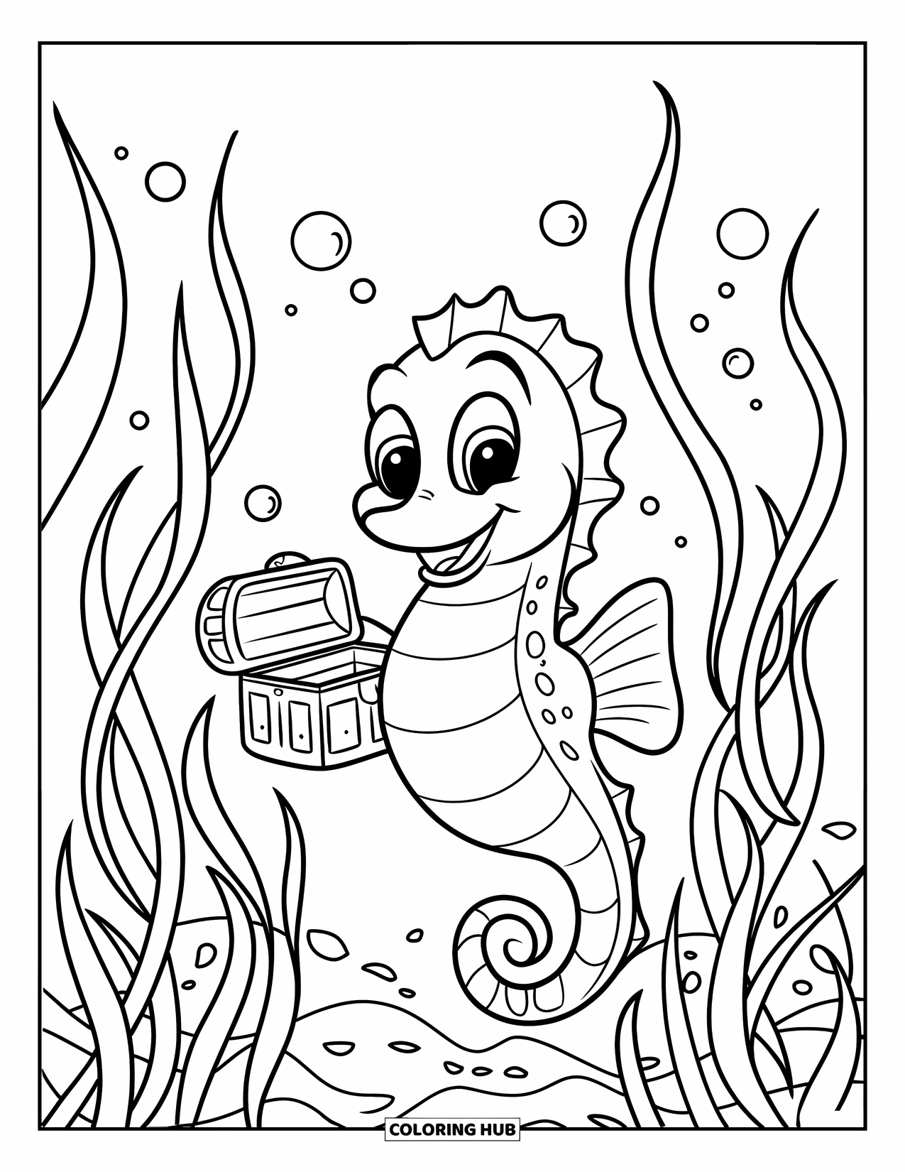 Kolorowanka Podwodny Świat dla dzieci: Konik morski z małą skrzynią skarbów unosi się wśród trawy morskiej