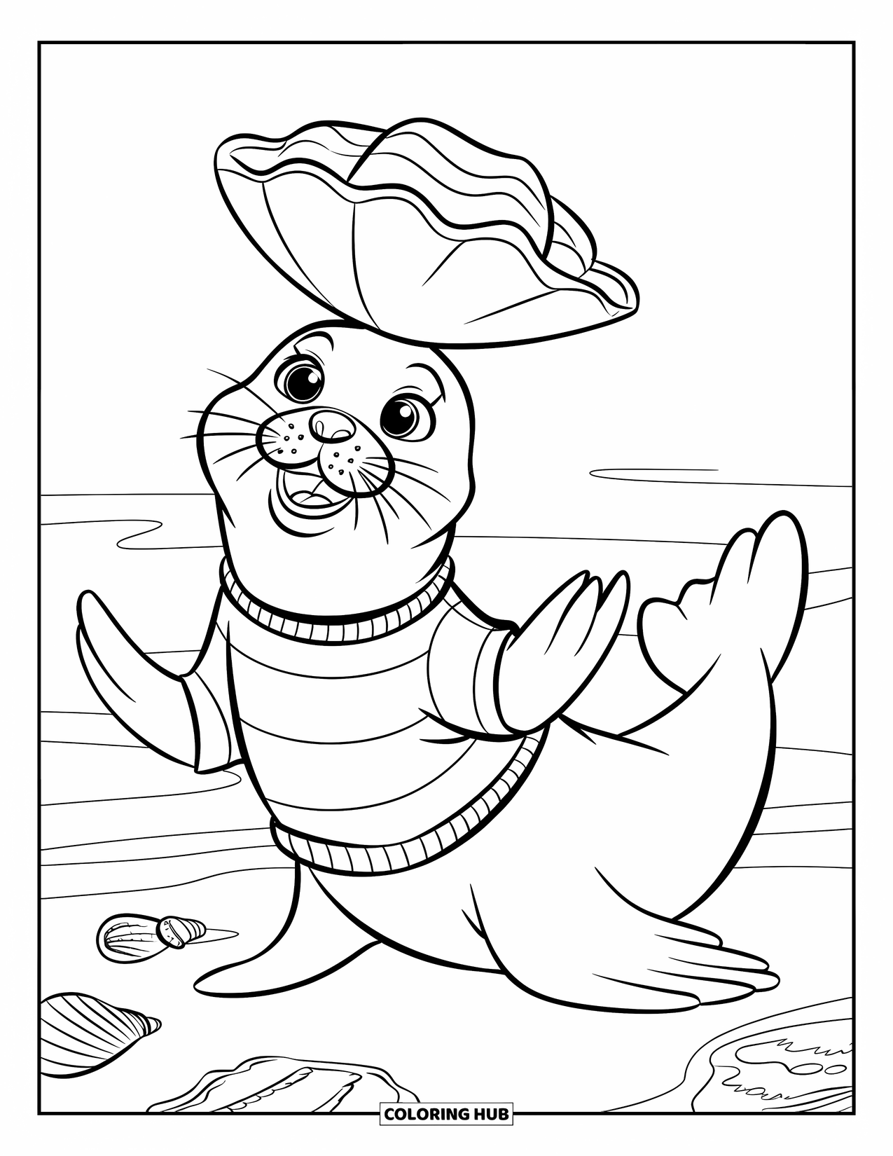 Kolorowanka Podwodny Świat dla dzieci: Foka w pasiastym swetrze balansuje muszlą na plaży