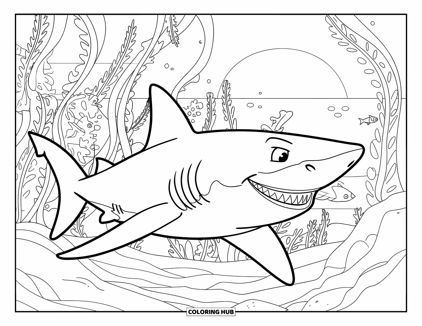Kolorowanka Podwodny Świat dla dzieci: Rekin z szerokim uśmiechem przechodzi przez gęsty las wodorostów