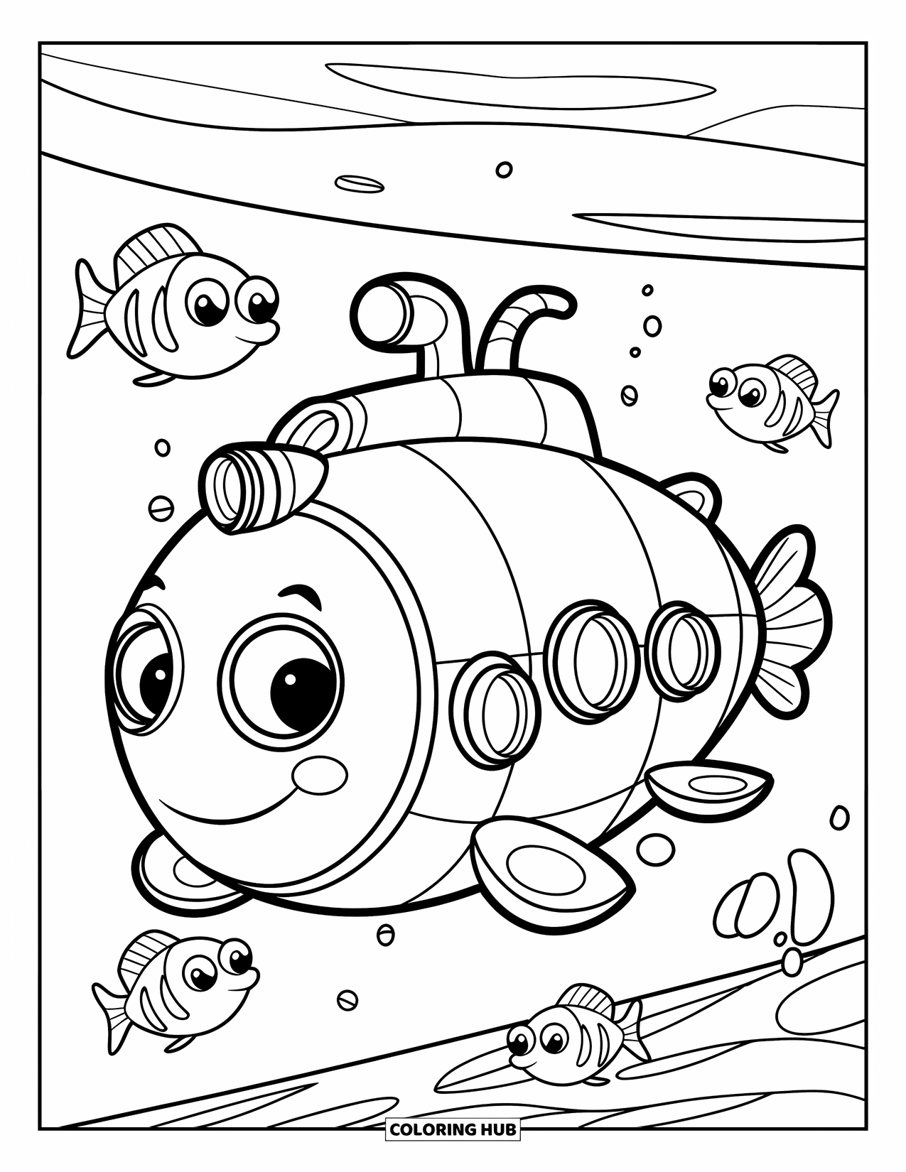 Kolorowanka Podwodny Świat dla dzieci: Prosta łódź podwodna z okrągłymi oknami unosi się z radosnymi rybami w pobliżu
