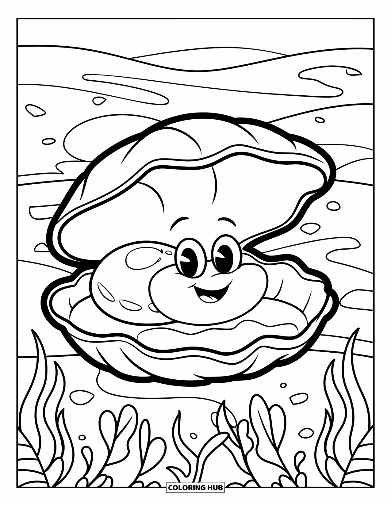 Kolorowanka Podwodny Świat dla dzieci: Uśmiechnięta muszla trzyma perłę na łożu z wodorostów