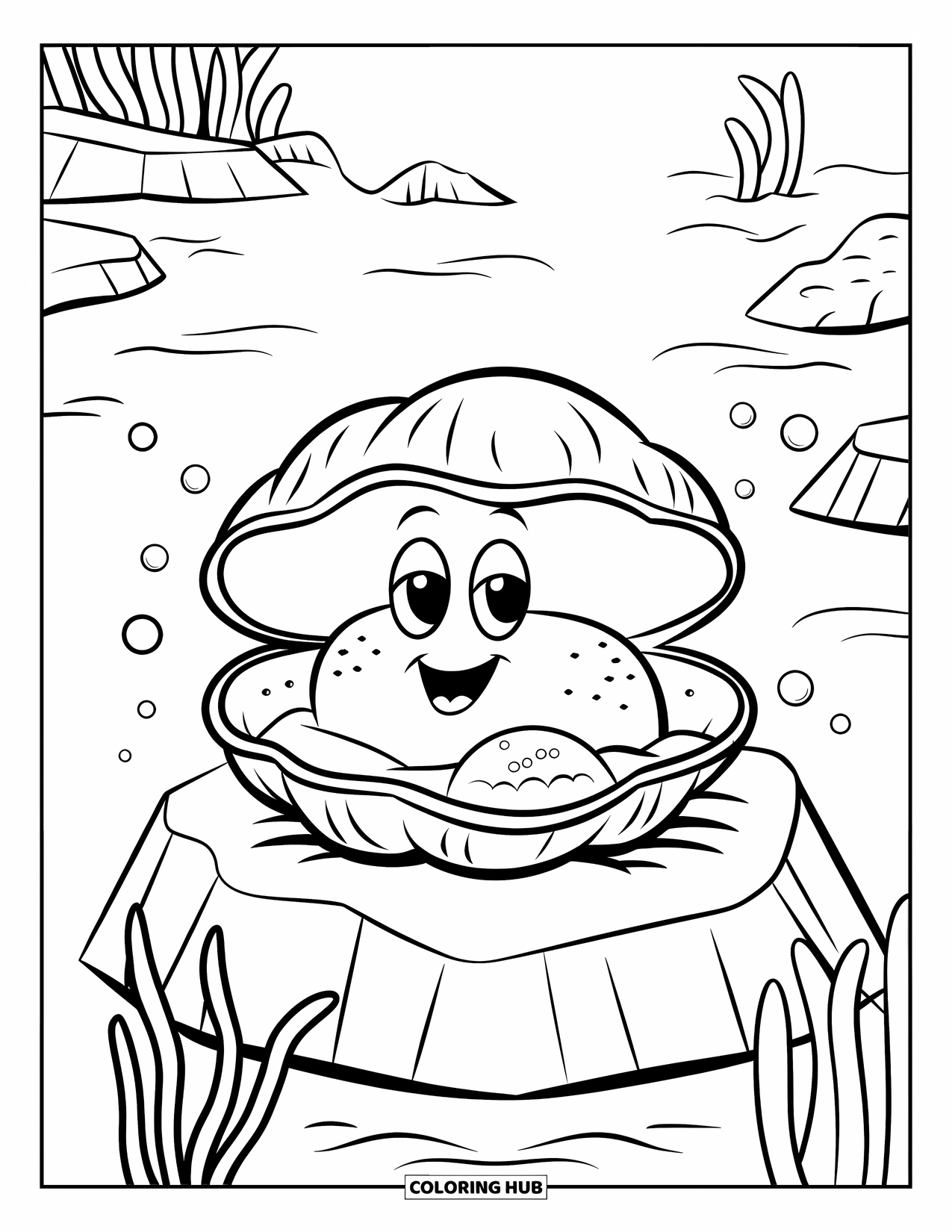 Kolorowanka Podwodny Świat dla dzieci: Uśmiechnięta muszla z perłą jest otoczona wodorostami i bąbelkami