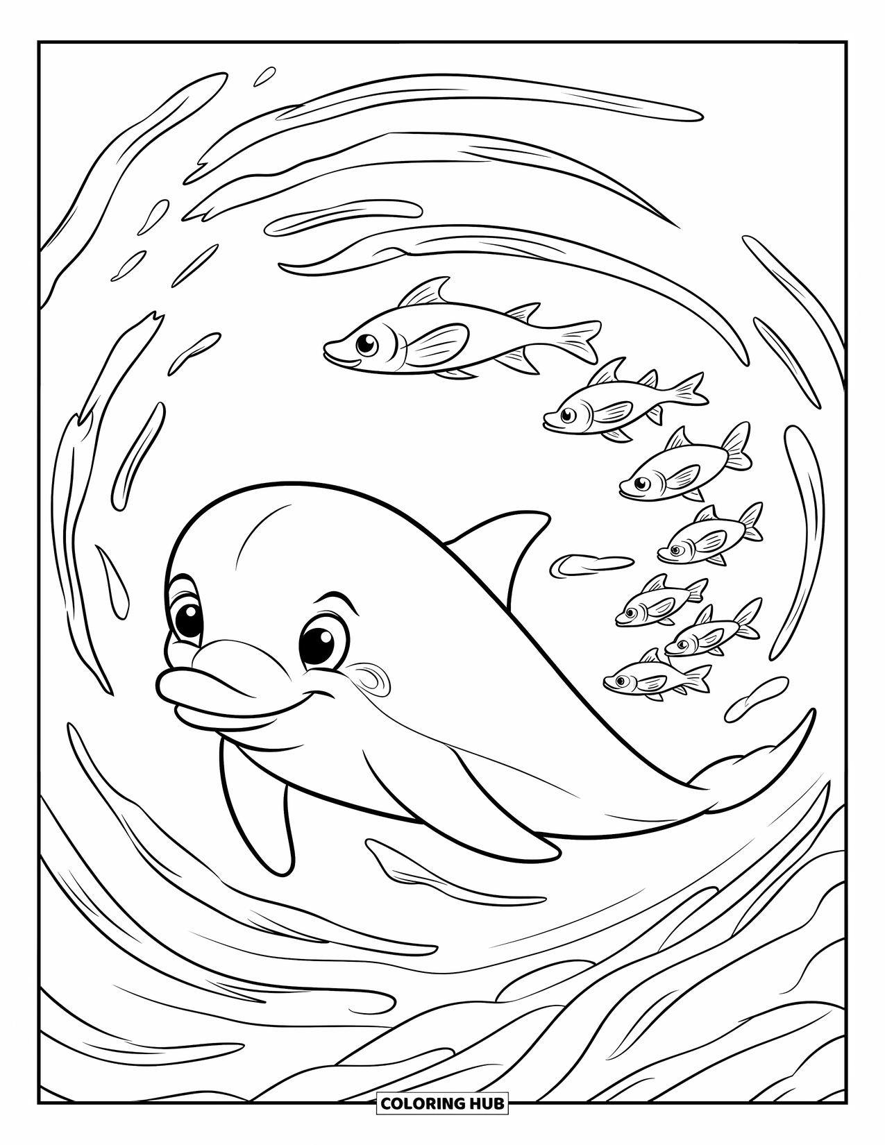 Kolorowanka Podwodny Świat dla dzieci: Uśmiechnięty delfin pływa z ławicą ryb wśród wirujących wodorostów