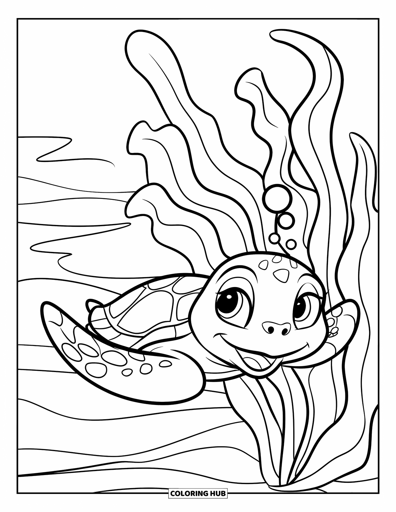 Kolorowanka Podwodny Świat dla dzieci: Uśmiechnięty żółw morski płynie przez wodorosty, a bąbelki unoszą się do góry