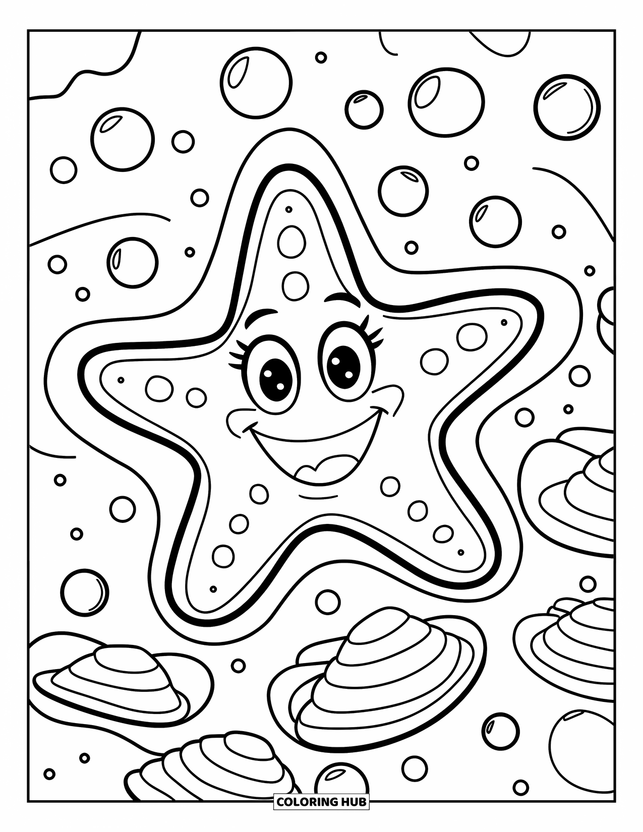Kolorowanka Podwodny Świat dla dzieci: Uśmiechnięta rozgwiazda jest otoczona bąbelkami i rozrzuconymi muszelkami