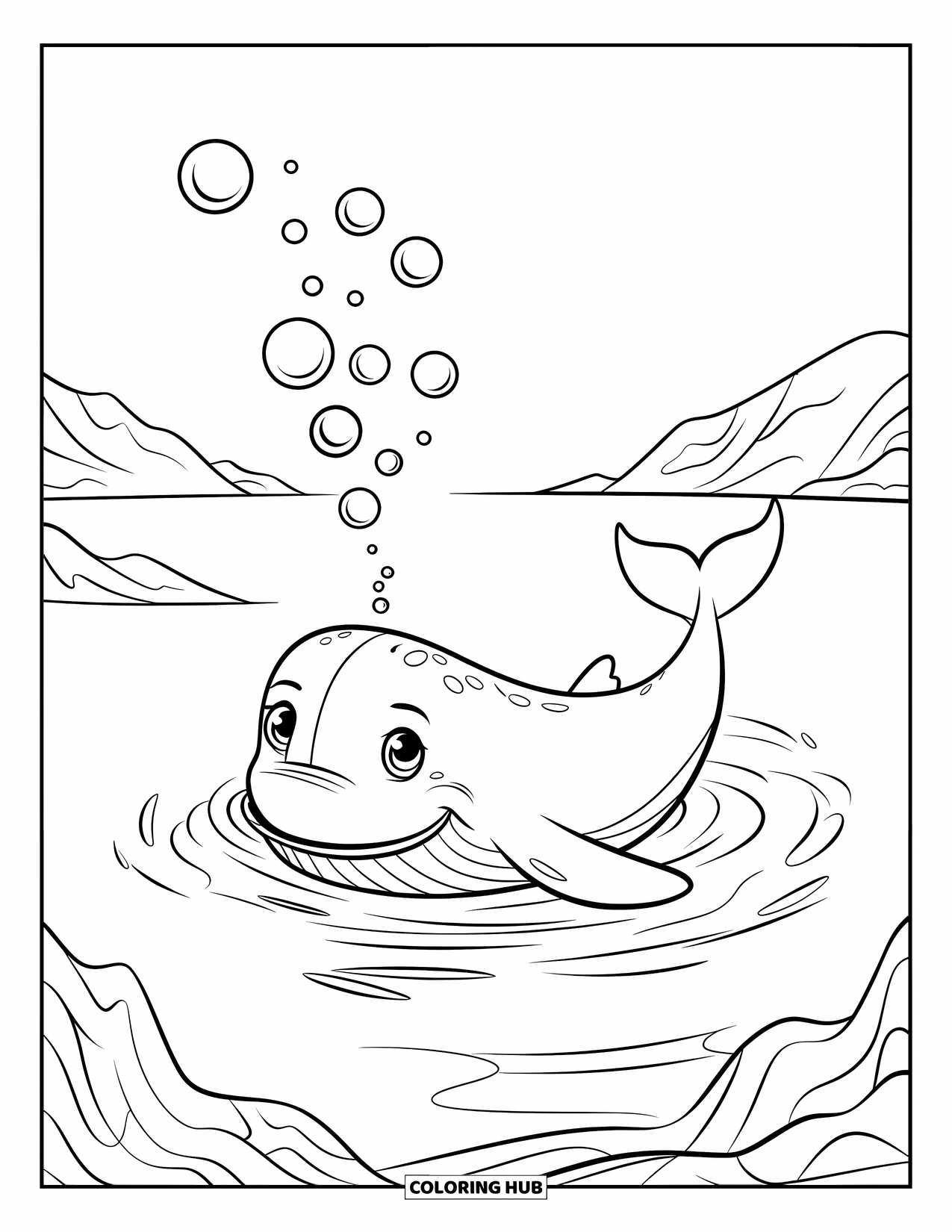 Kolorowanka Podwodny Świat dla dzieci: Uśmiechnięty wieloryb wypuszcza bańki na spokojnym morzu z widokiem na góry