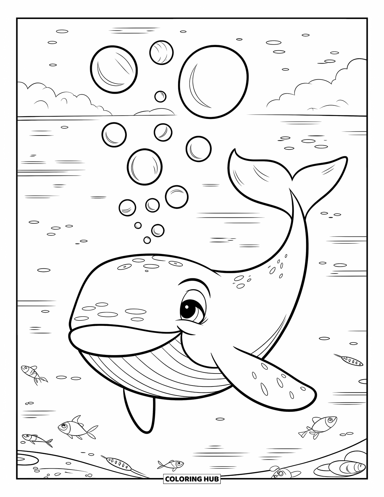 Kolorowanka Podwodny Świat dla dzieci: Uśmiechnięty wieloryb wypuszcza bańki z łagodnymi falami i rybami w pobliżu