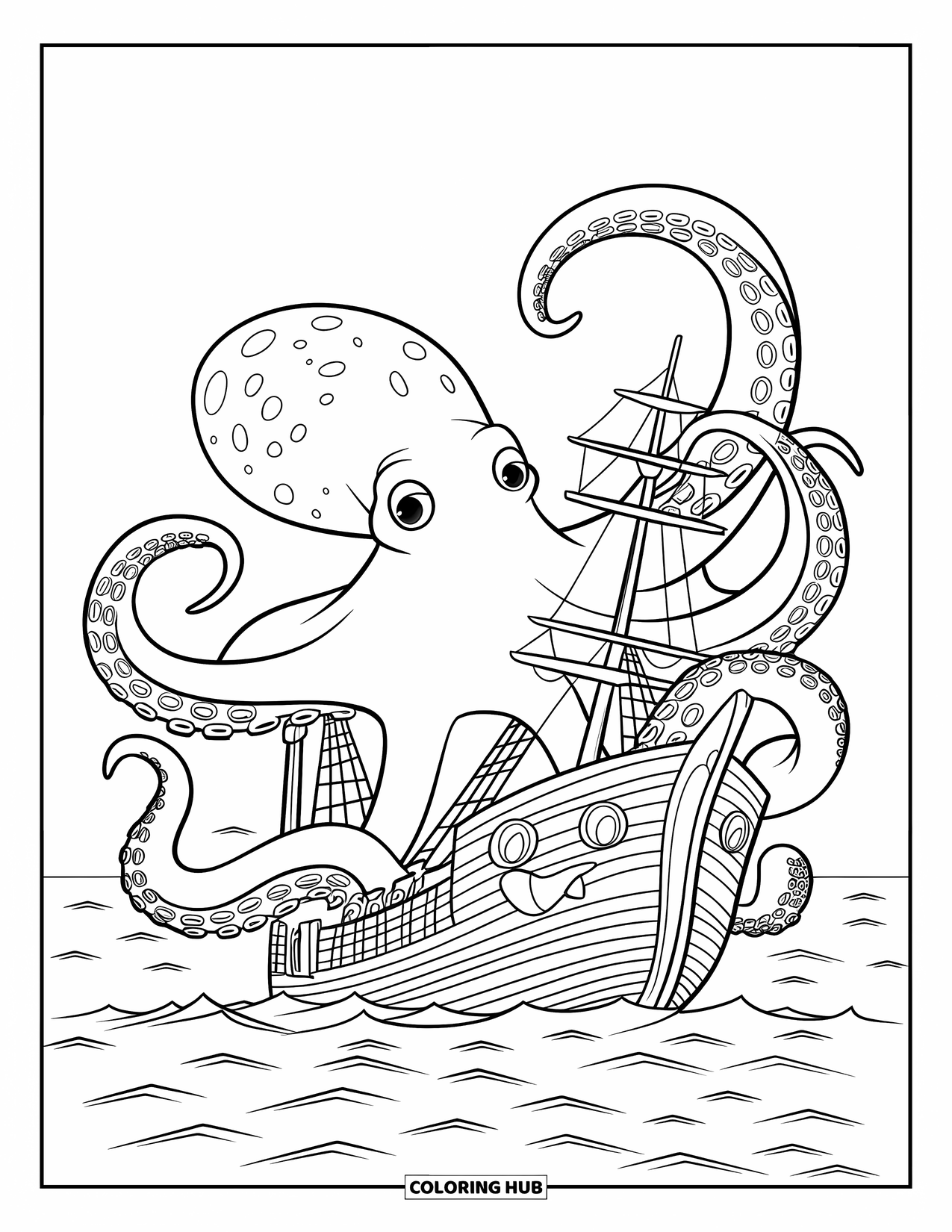 Kolorowanka Podwodny Świat dla dzieci: Nakrapiana ośmiornica chwyta wrak statku na spokojnym morzu