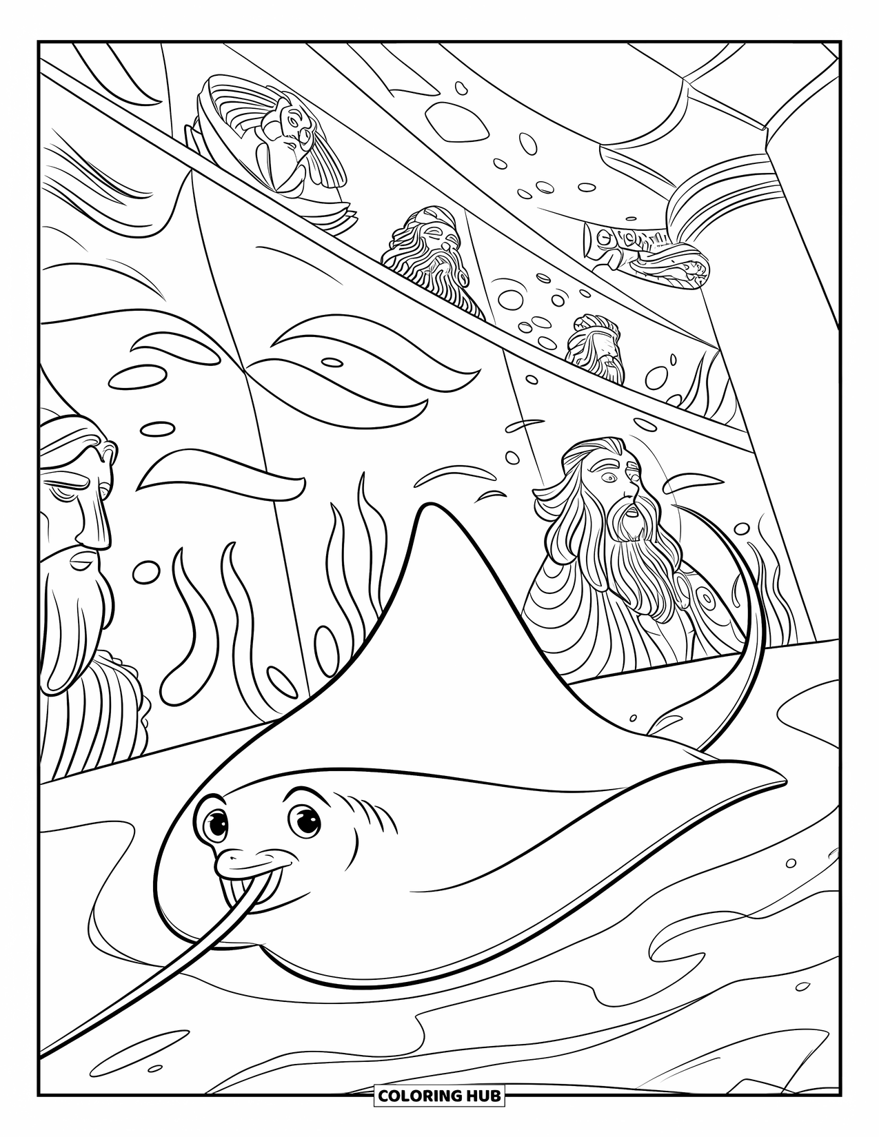 Kolorowanka Podwodny Świat dla dzieci: Płaszczka odkrywa mural starożytnych bogów morskich pod oceanem