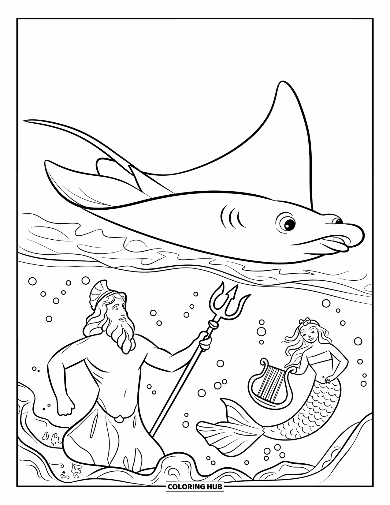 Kolorowanka Podwodny Świat dla dzieci: Płaszczka odkrywa mural Posejdona i syreny na dnie morskim