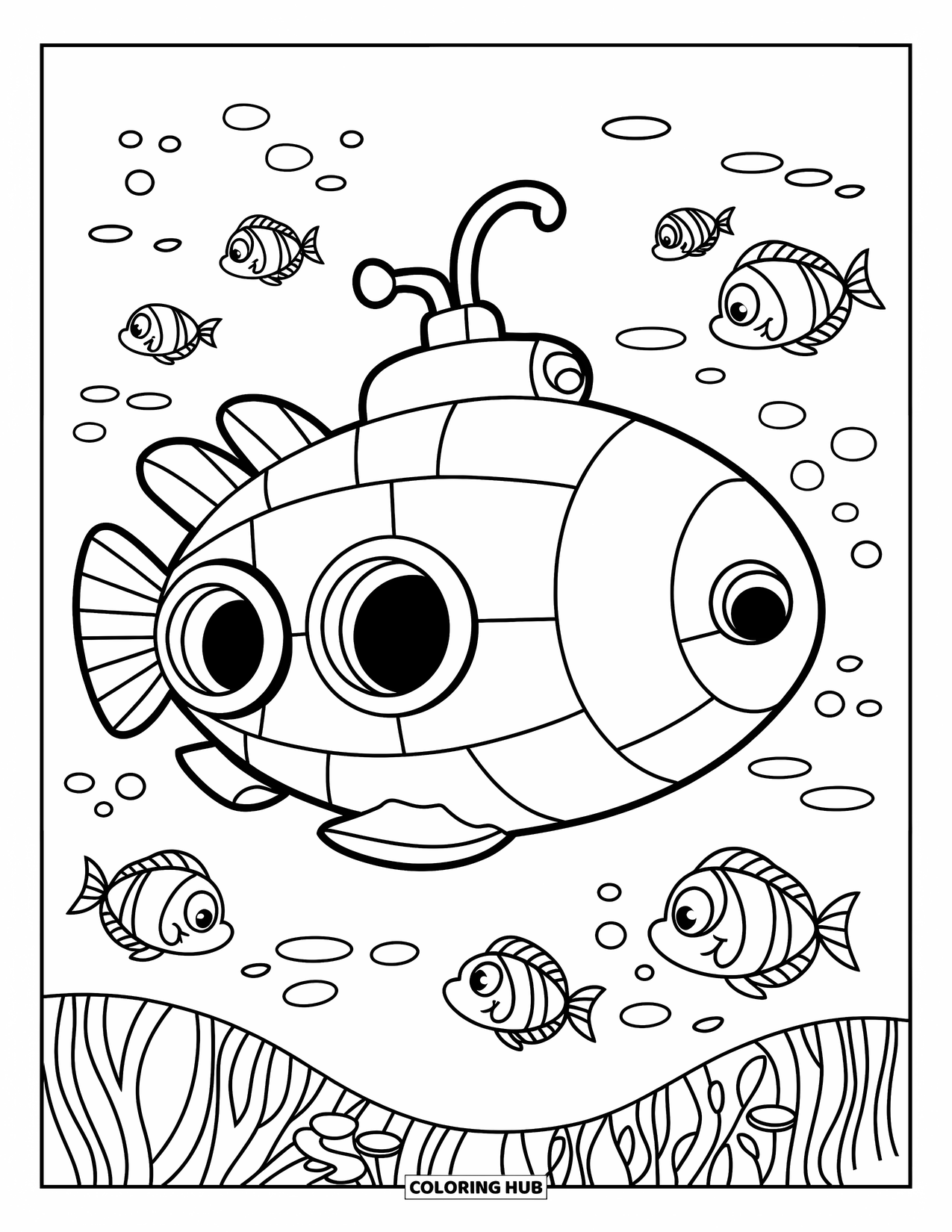 Kolorowanka Podwodny Świat dla dzieci: Łódź podwodna z kominem siedzi na dnie oceanu wśród uśmiechniętych ryb