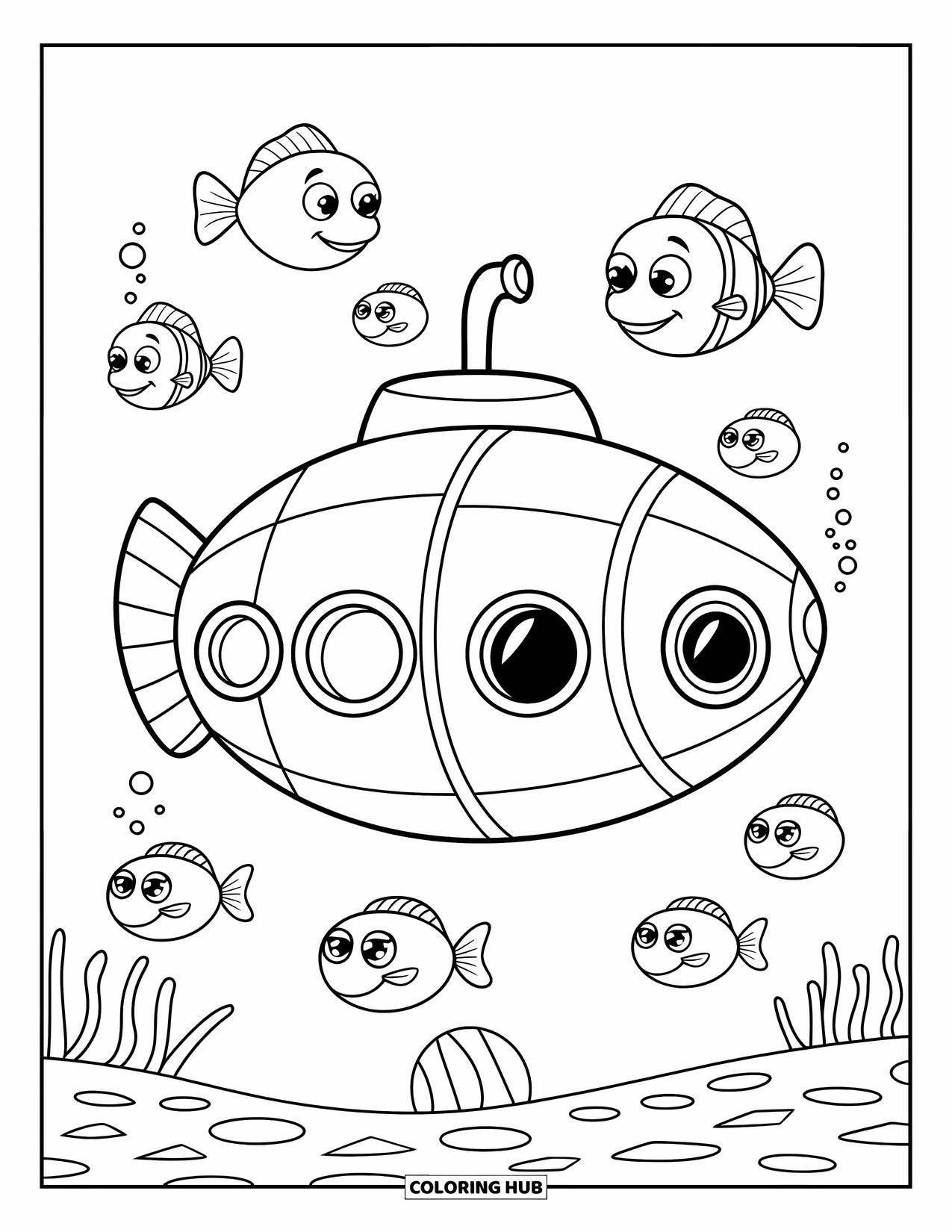 Kolorowanka Podwodny Świat dla dzieci: Łódź podwodna z okrągłymi oknami jest zakotwiczona na dnie oceanu, a wokół niej pływają ryby