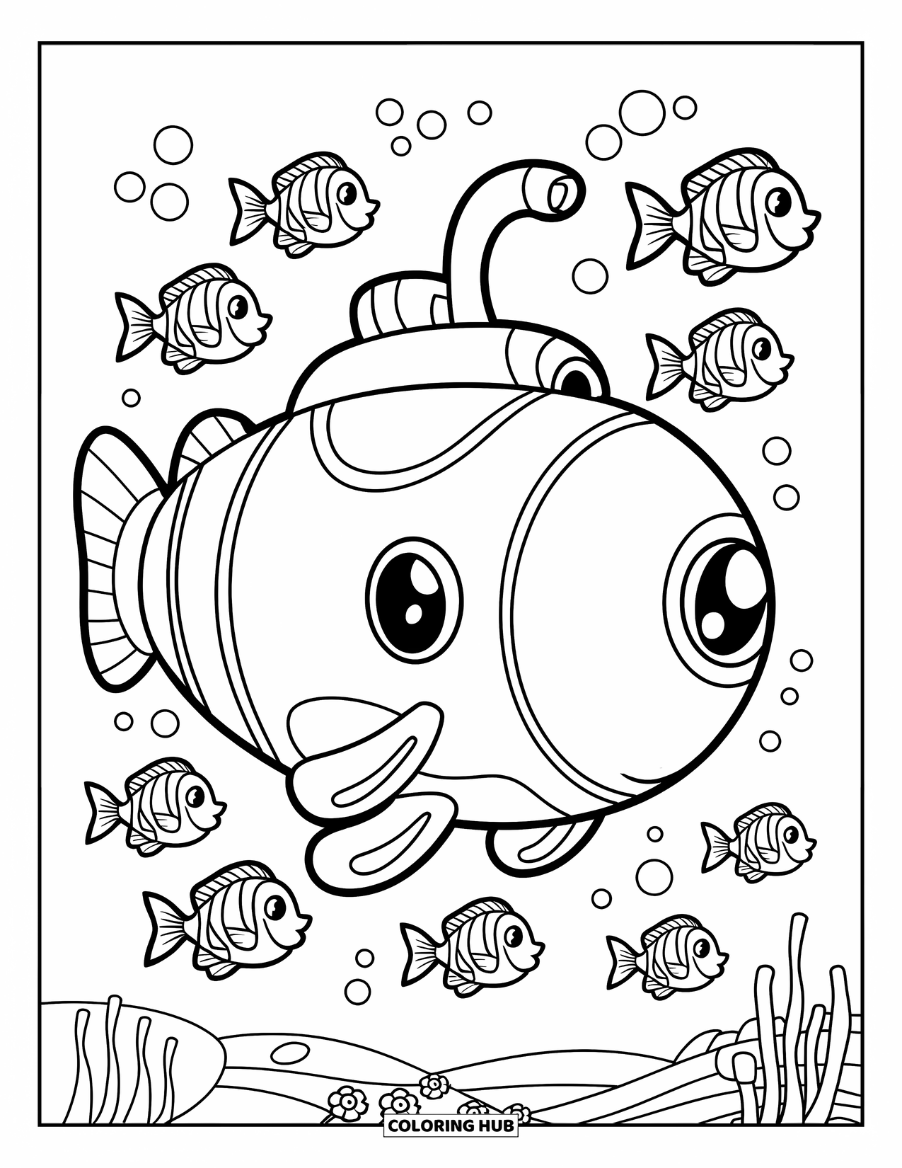 Kolorowanka Podwodny Świat dla dzieci: Łódź podwodna z okrągłymi oknami jest otoczona przez uśmiechnięte ryby