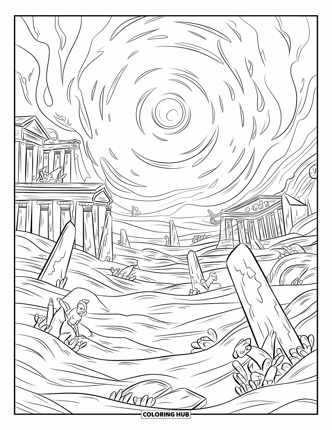 Kolorowanka Podwodny Świat dla dzieci: Zatopione miasto ze starożytnymi budynkami i posągami jest pokryte wirującym piaskiem