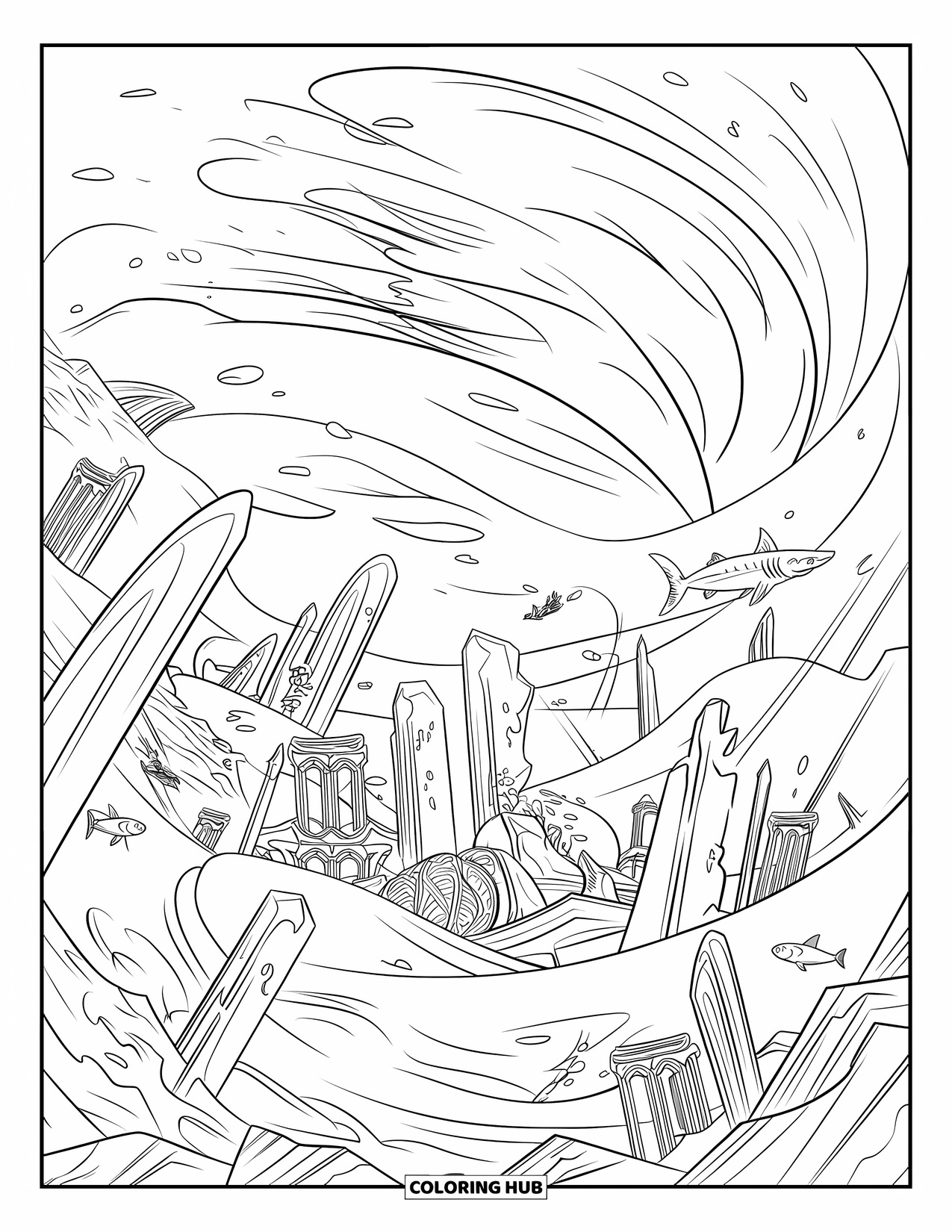 Kolorowanka Podwodny Świat dla dzieci: Zatopione miasto z posągami i stworzeniami morskimi jest pogrzebane w wirującym piasku