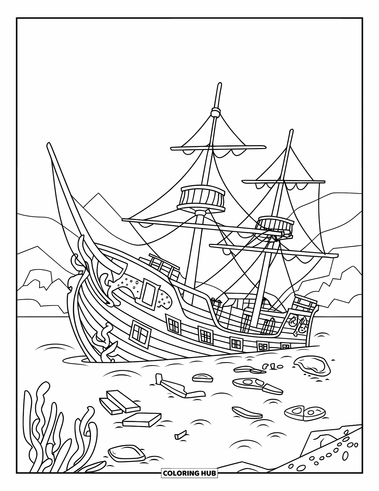 Kolorowanka Podwodny Świat dla dzieci: Zatopiony statek piracki ze złamanymi masztami leży wśród wodorostów