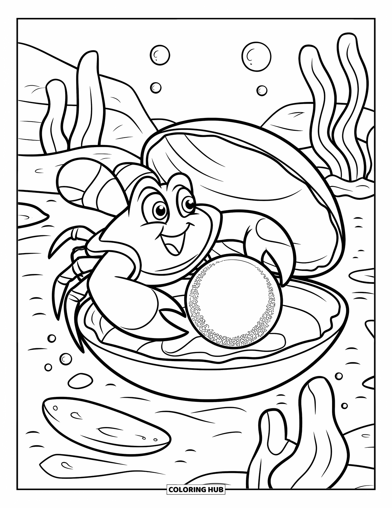 Kolorowanka Podwodny Świat dla dzieci: Zaskoczony krab znajduje perłę wewnątrz małża otoczonego wodorostami