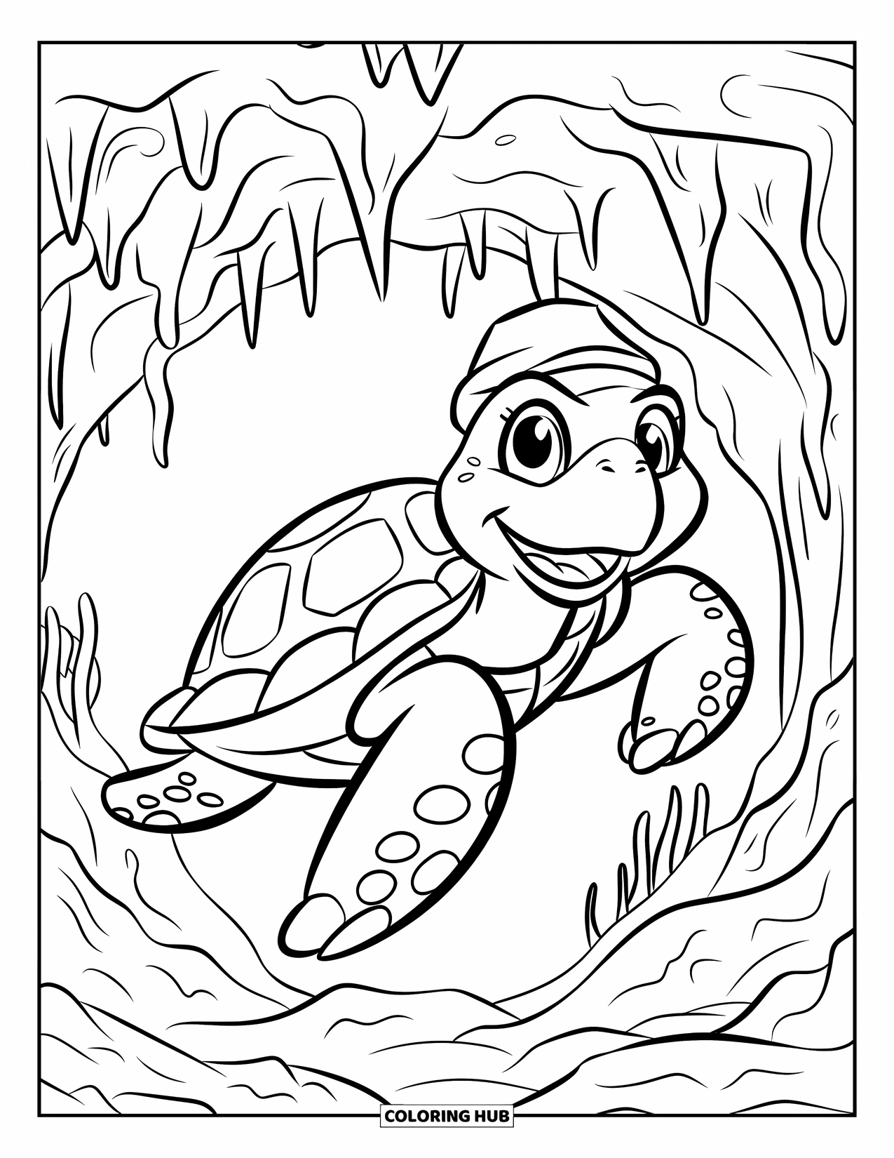 Kolorowanka Podwodny Świat dla dzieci: Żółw płynie przez ciemną podwodną jaskinię ze stalaktytami