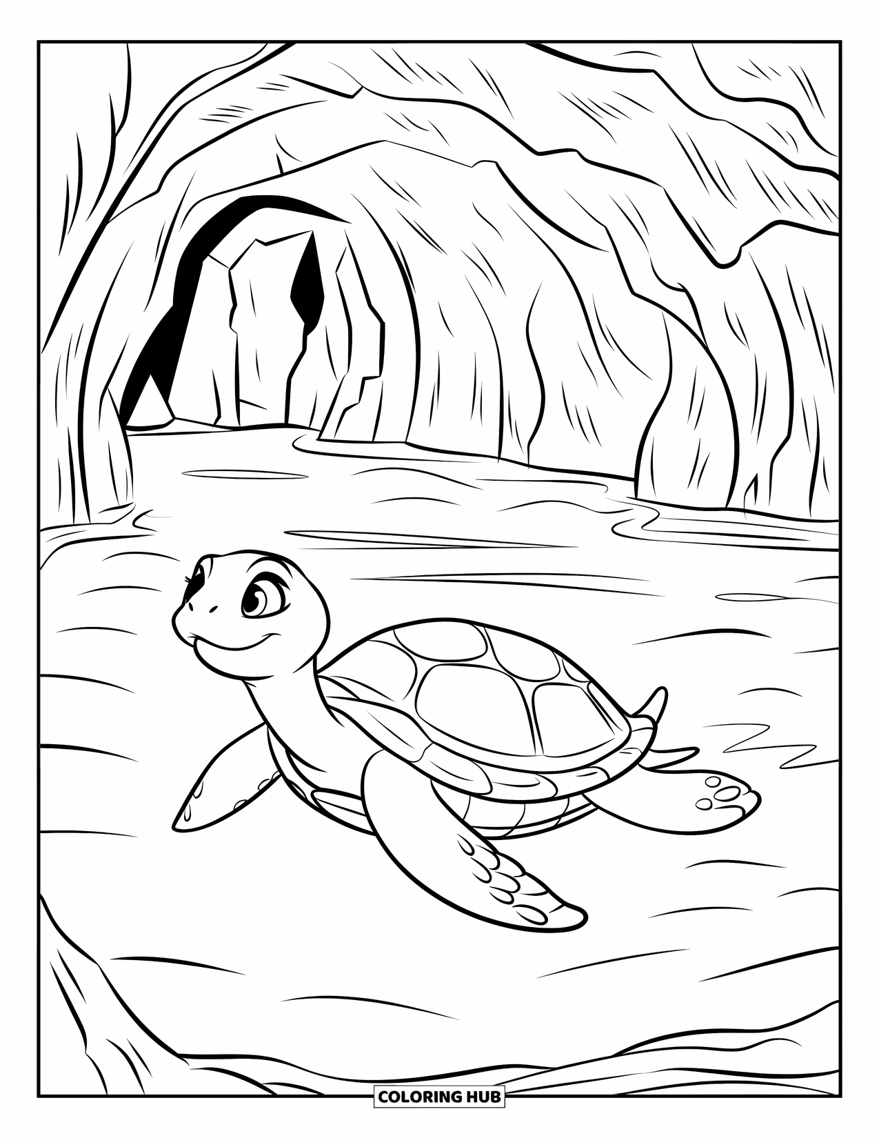 Kolorowanka Podwodny Świat dla dzieci: Żółw płynie przez podwodną jaskinię ze skalistym wejściem