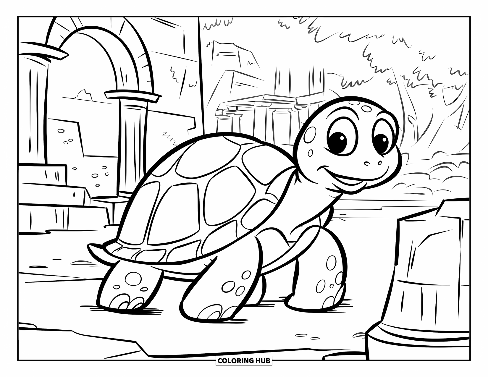 Kolorowanka Podwodny Świat dla dzieci: Żółw wędruje przez starożytne ruiny otoczone drzewami i rozpadającymi się murami