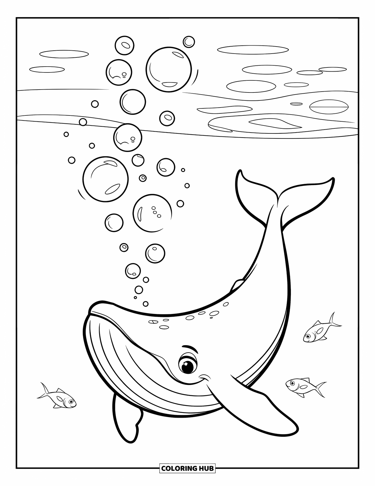 Kolorowanka Podwodny Świat dla dzieci: Wieloryb wypuszcza bańki otoczony małymi rybkami na rozległym morzu