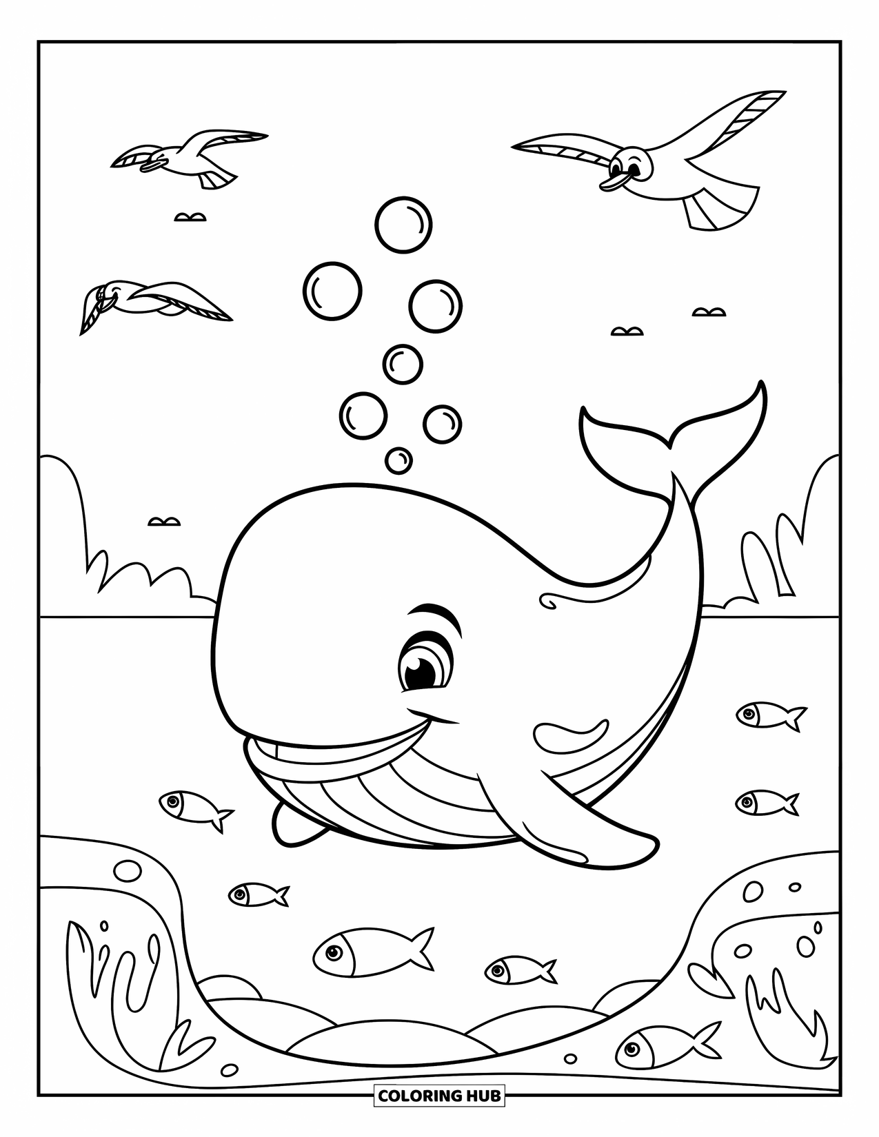 Kolorowanka Podwodny Świat dla dzieci: Wieloryb wypuszcza bańki z dużym uśmiechem na spokojnym morzu