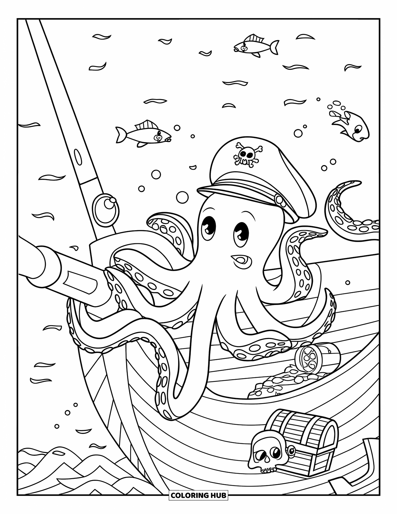 Kolorowanka Podwodny Świat dla dzieci: Ośmiornica w kapitańskim kapeluszu bada pokład statku ze skarbami i czaszką
