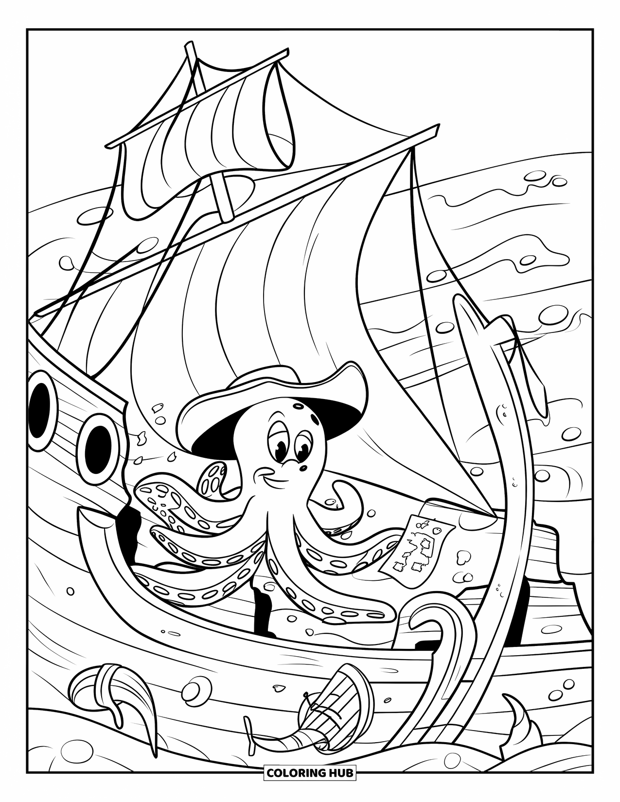Kolorowanka Podwodny Świat dla dzieci: Ośmiornica w kapeluszu trzyma mapę podczas eksploracji zatopionego statku