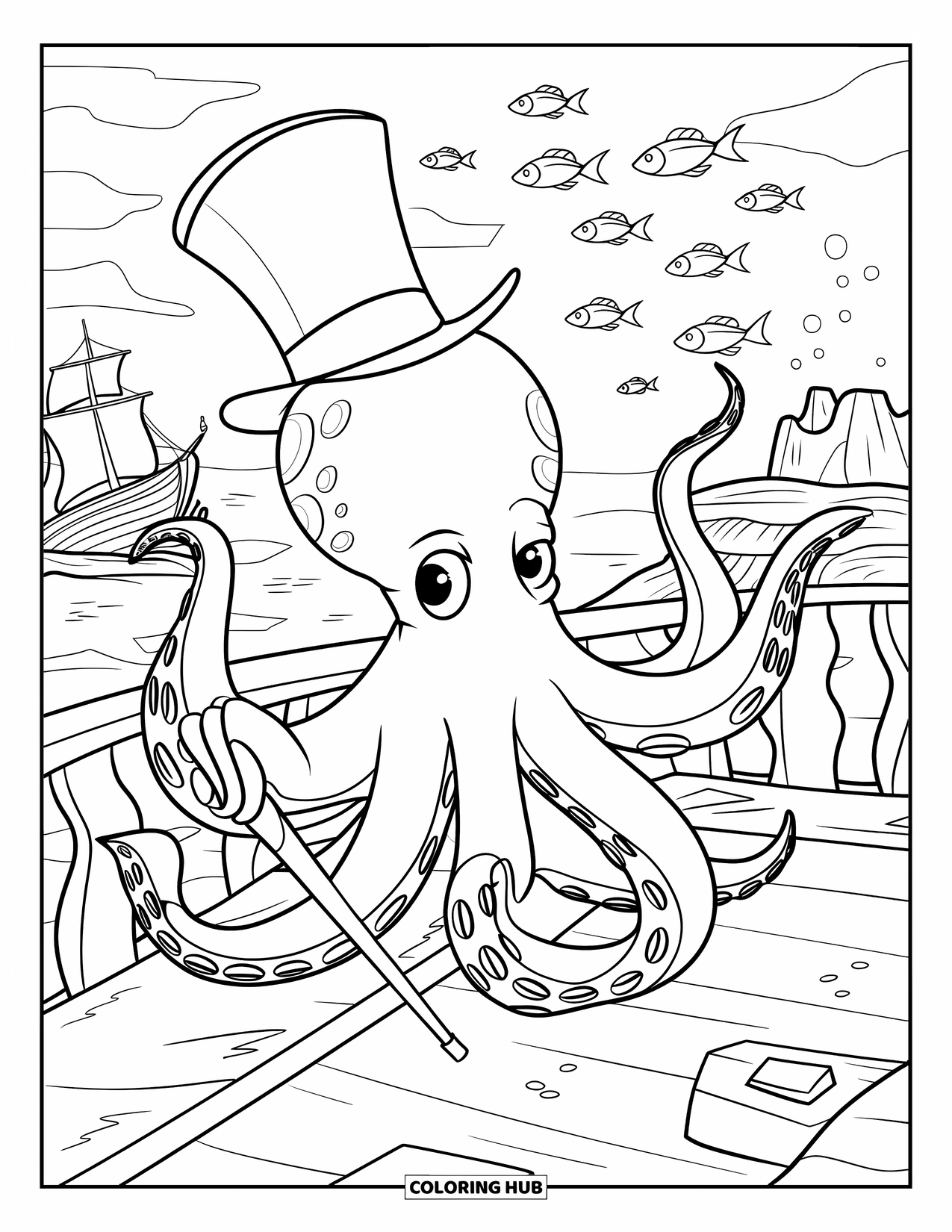 Kolorowanka Podwodny Świat dla dzieci: Ośmiornica w cylindrze i z laską eksploruje wraki statków wśród ławic ryb