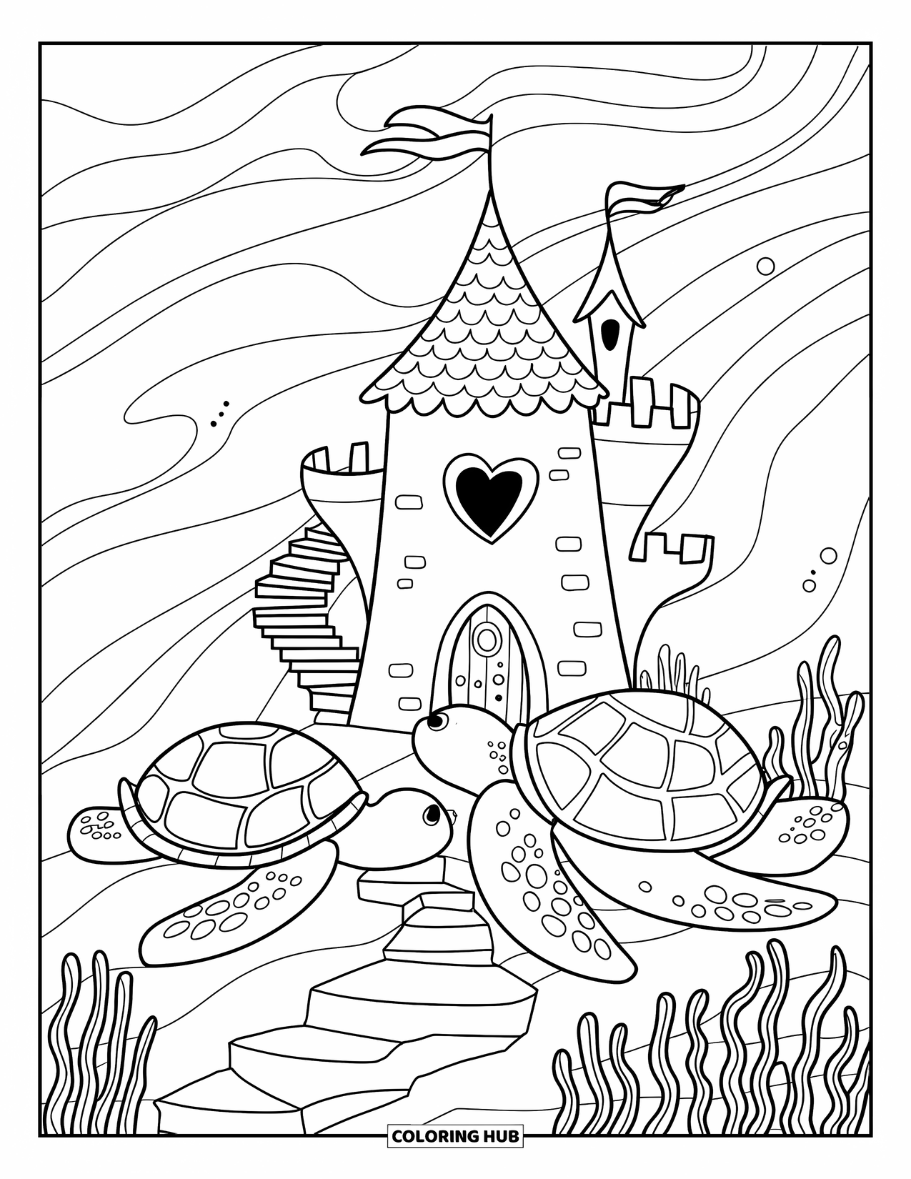 Kolorowanka Podwodny Świat dla dzieci: Podwodny zamek z oknem w kształcie serca strzeżony przez dwa żółwie