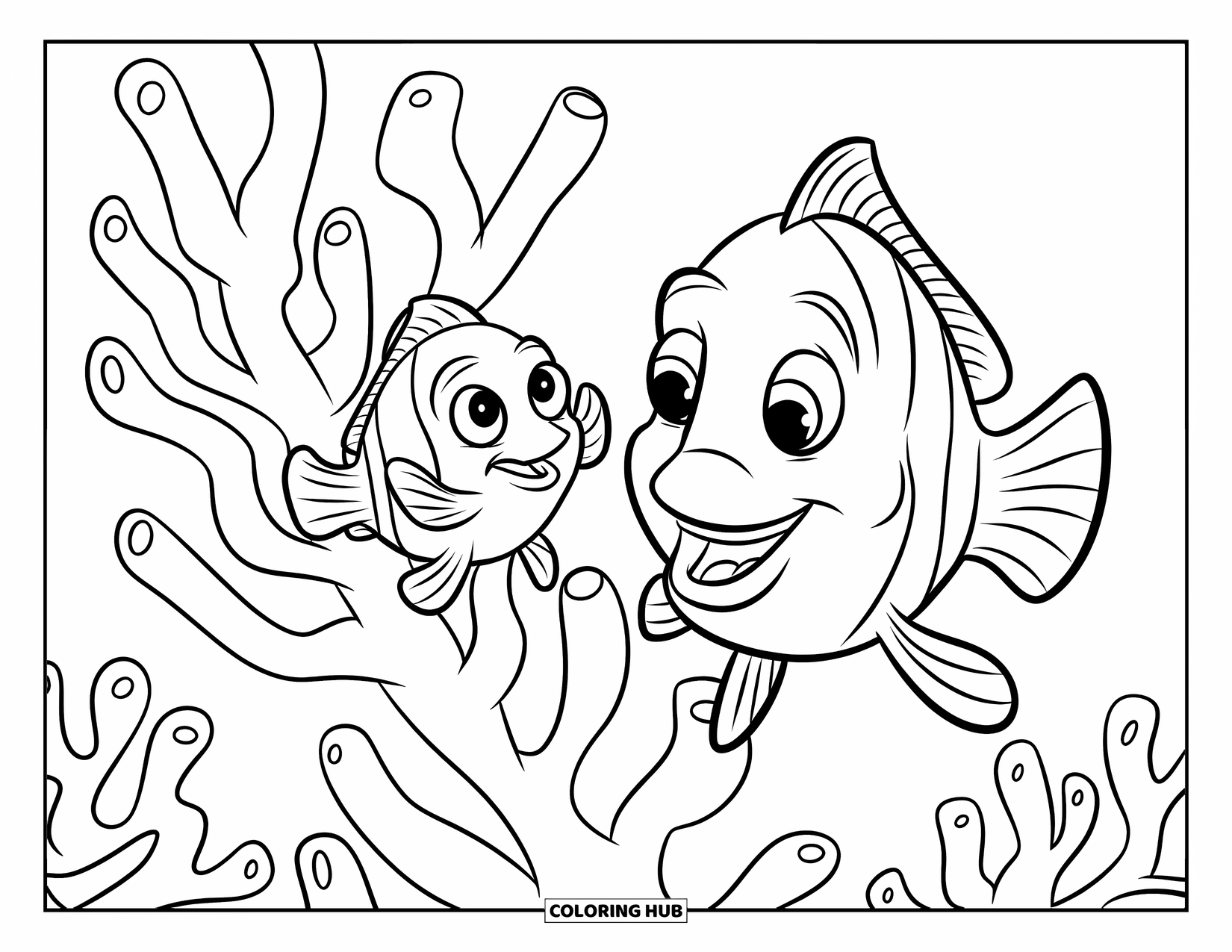 Kolorowanka Podwodny Świat dla dzieci: Dwie figlarne rybki pływają wokół gałęzi koralowca z szerokimi uśmiechami