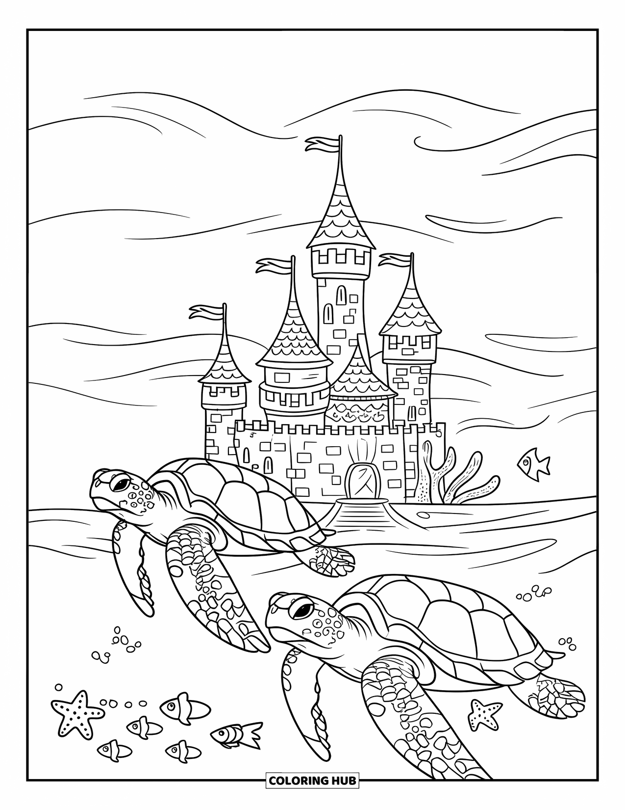 Kolorowanka Podwodny Świat dla dzieci: Dwa żółwie morskie strzegą kamiennego zamku otoczonego przez ryby i rozgwiazdy