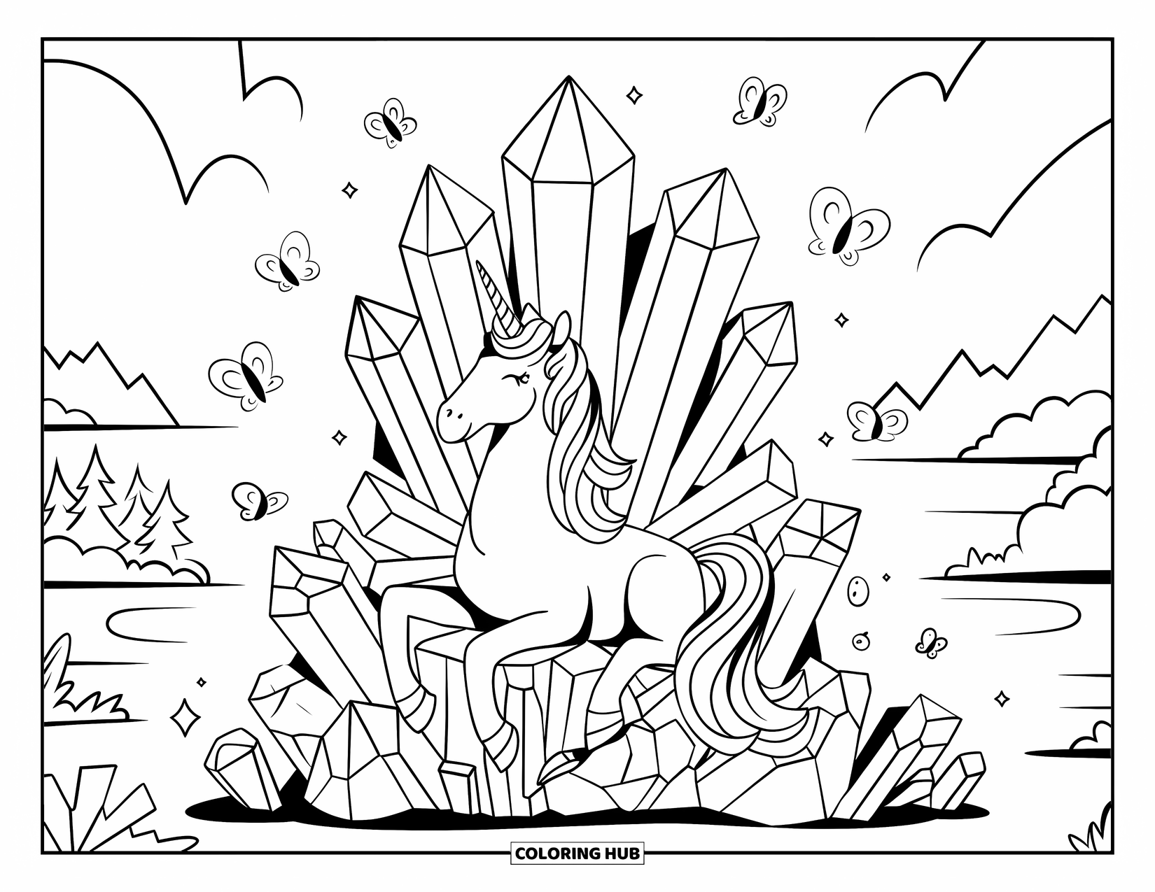 Unicorn Coloring Page for Adults: A regal unicorn sits on a glowing crystal throne, surrounded by fluttering light butterflies